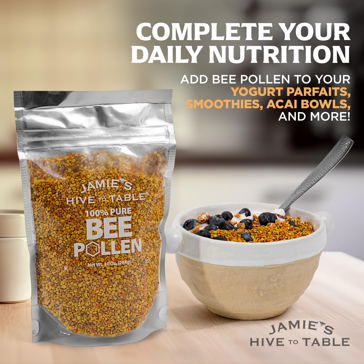 JAMIE'S HIVE TO TABLE Raw Bee Pollen on a smoothie