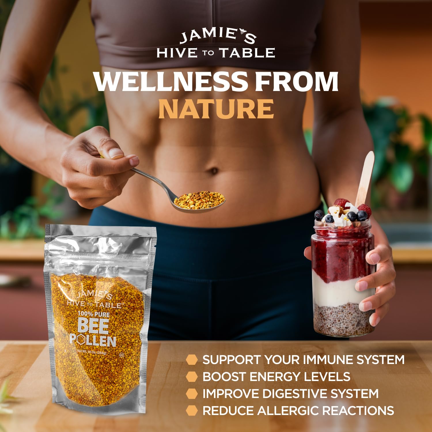JAMIE'S HIVE TO TABLE Raw Bee Pollen sprinkled over yogurt