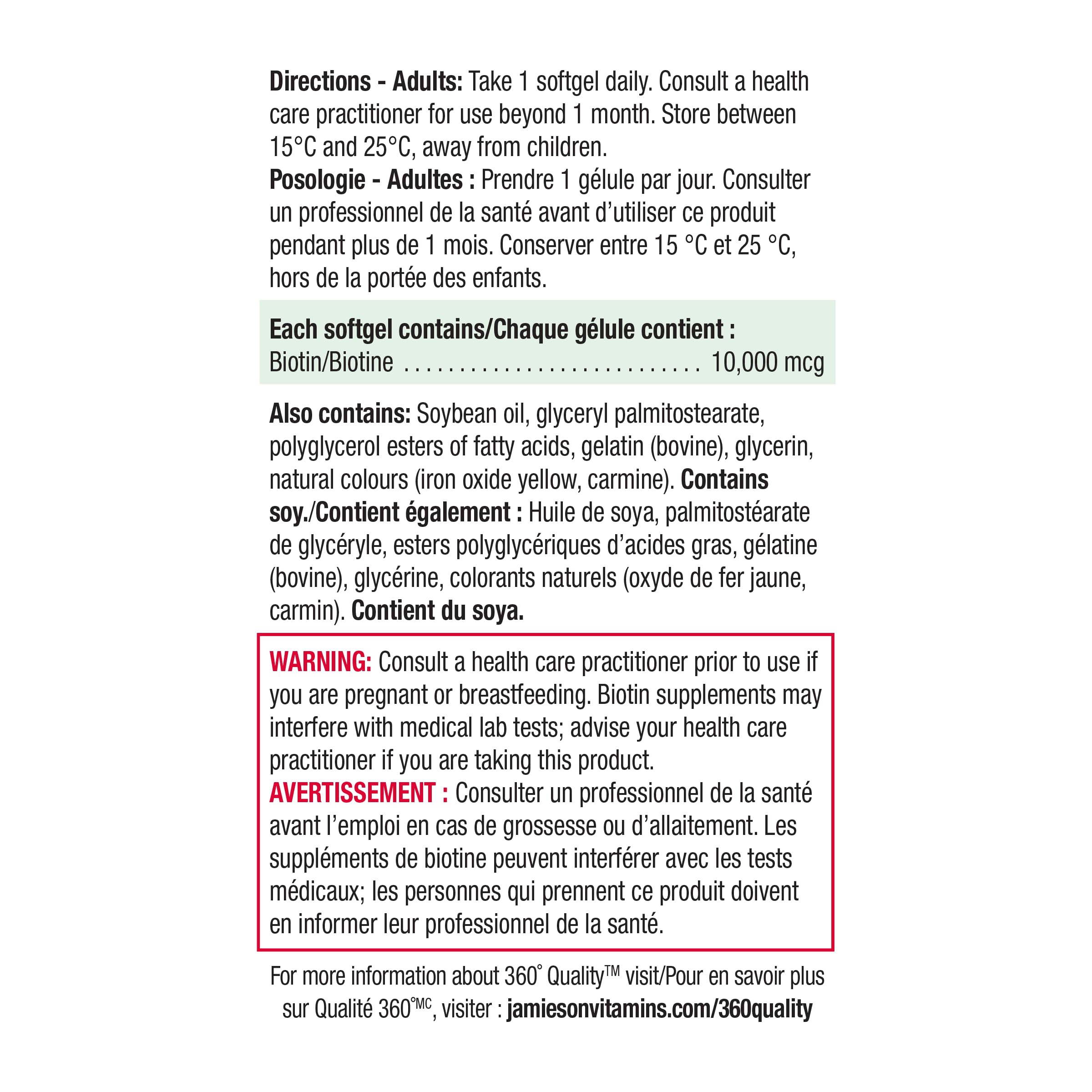 Jamieson Laboratories Biotin 10,000 mcg softgel with dosage details