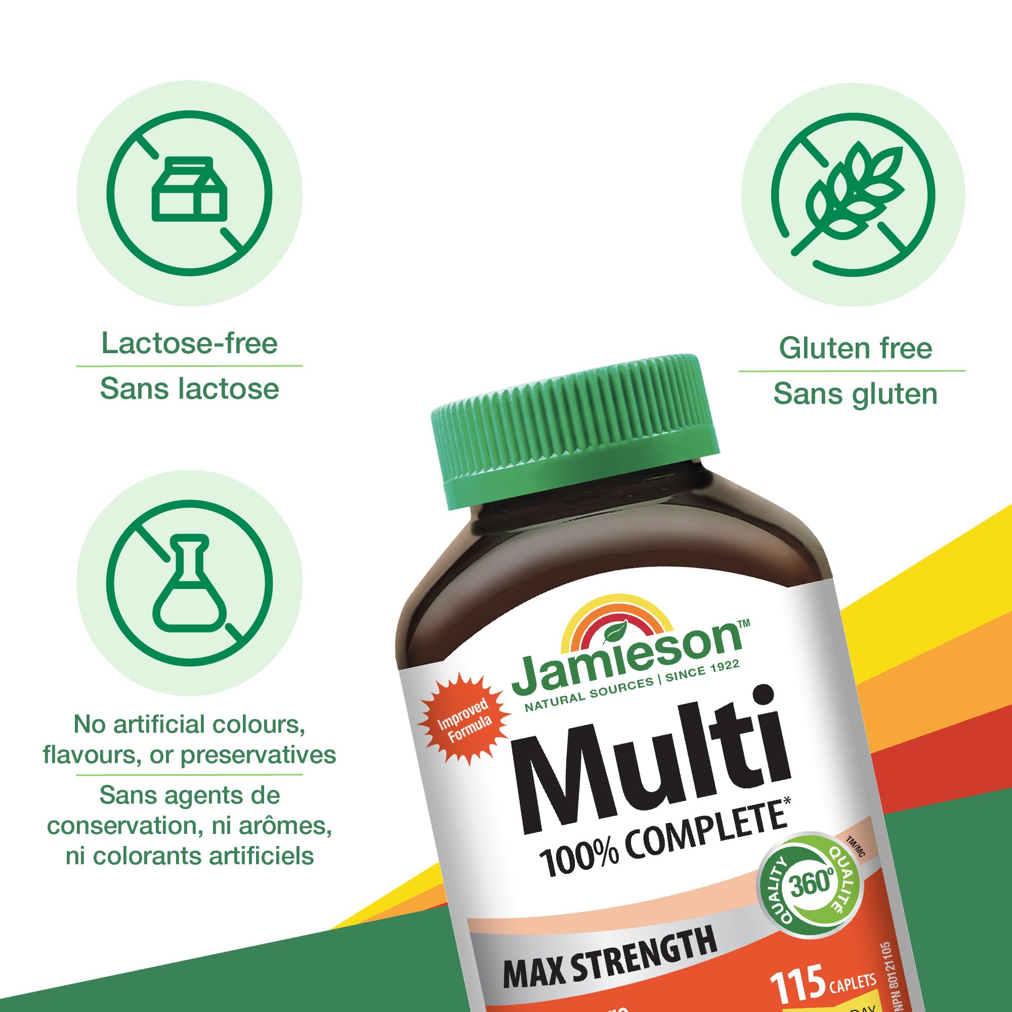 Jamieson Laboratories multivitamin bottle with capsules on a wooden table