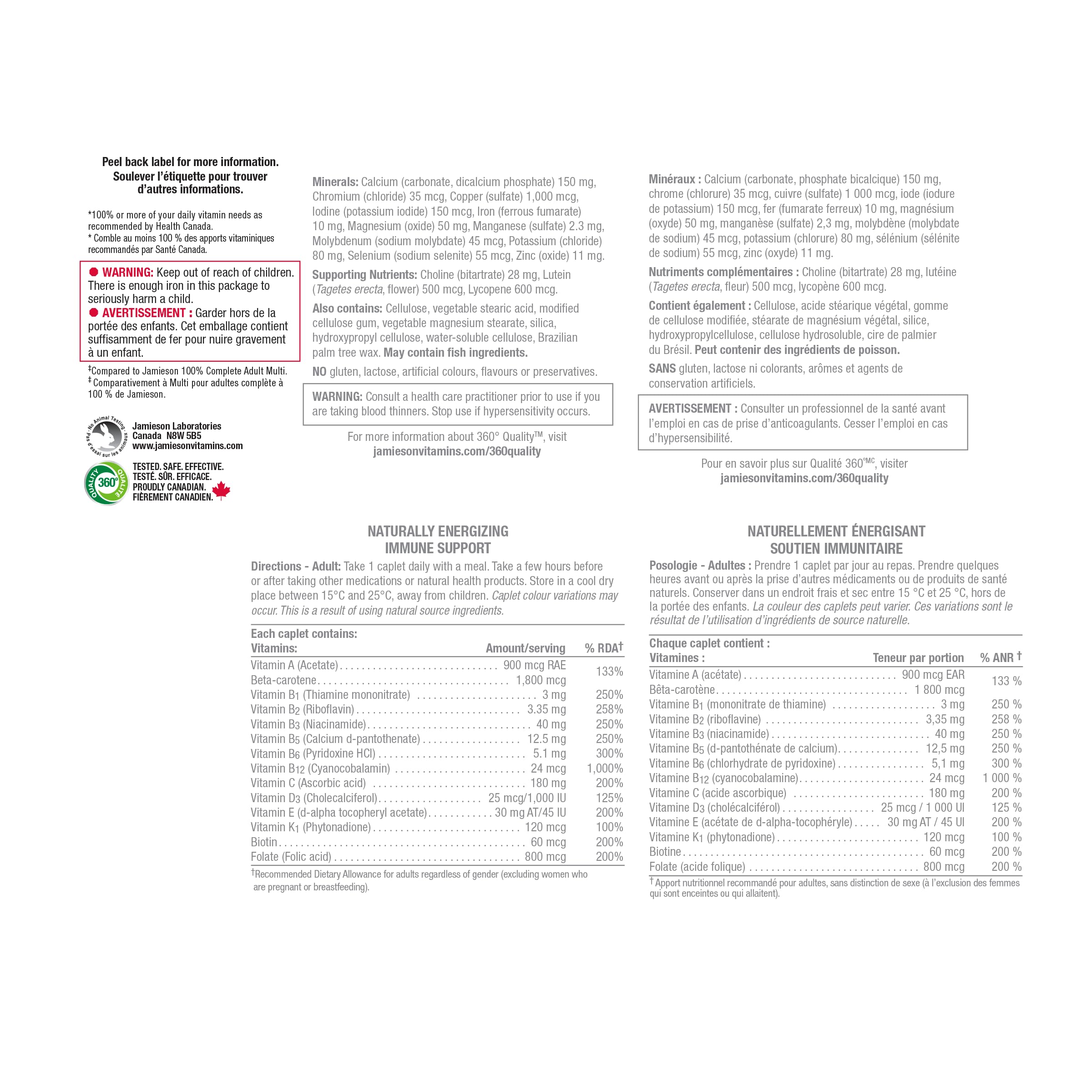 Jamieson Laboratories multivitamin ingredients list on the back of the bottle