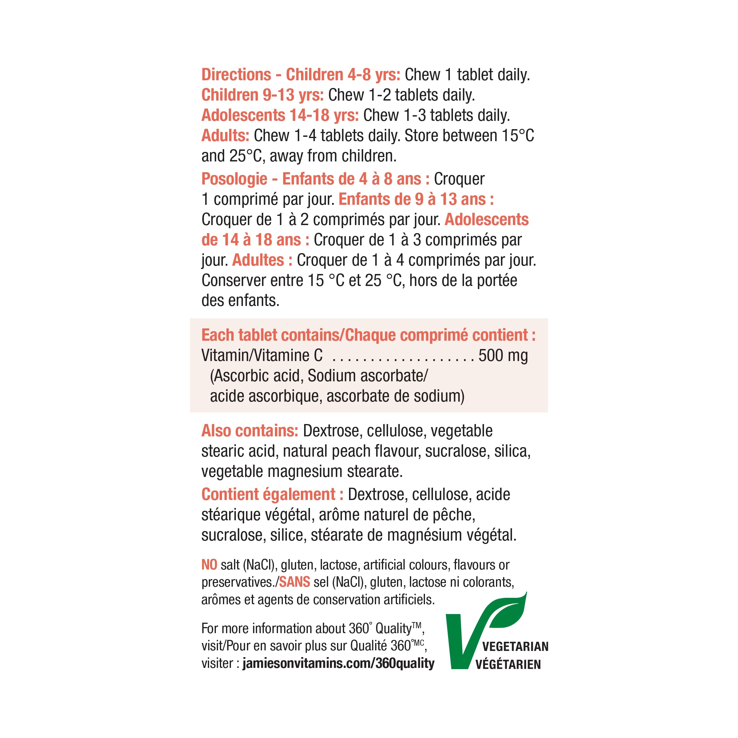 Jamieson Laboratories Vitamin C 160g supplement with dosage information
