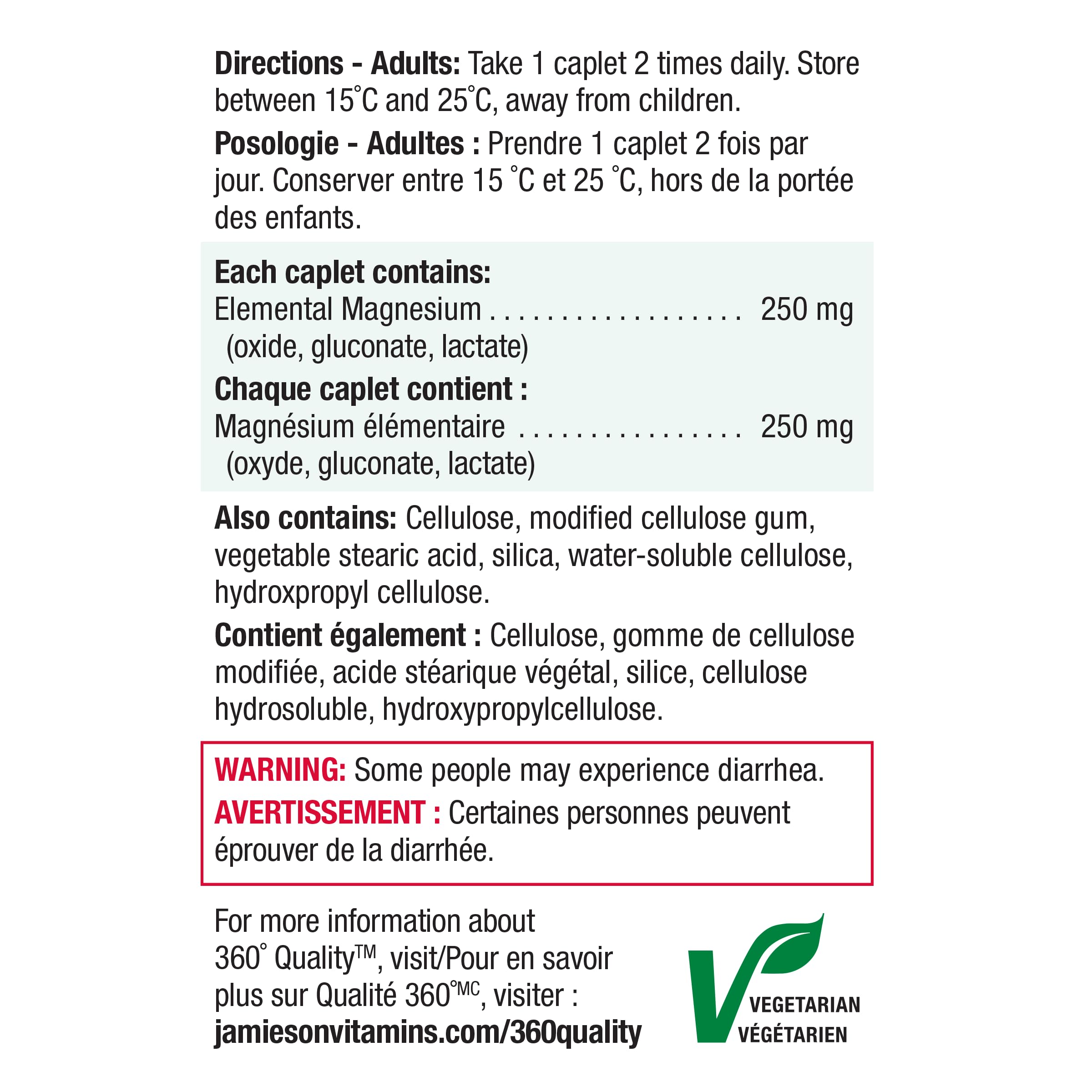 Jamieson Magnesium 250 mg supplement ingredients list on packaging