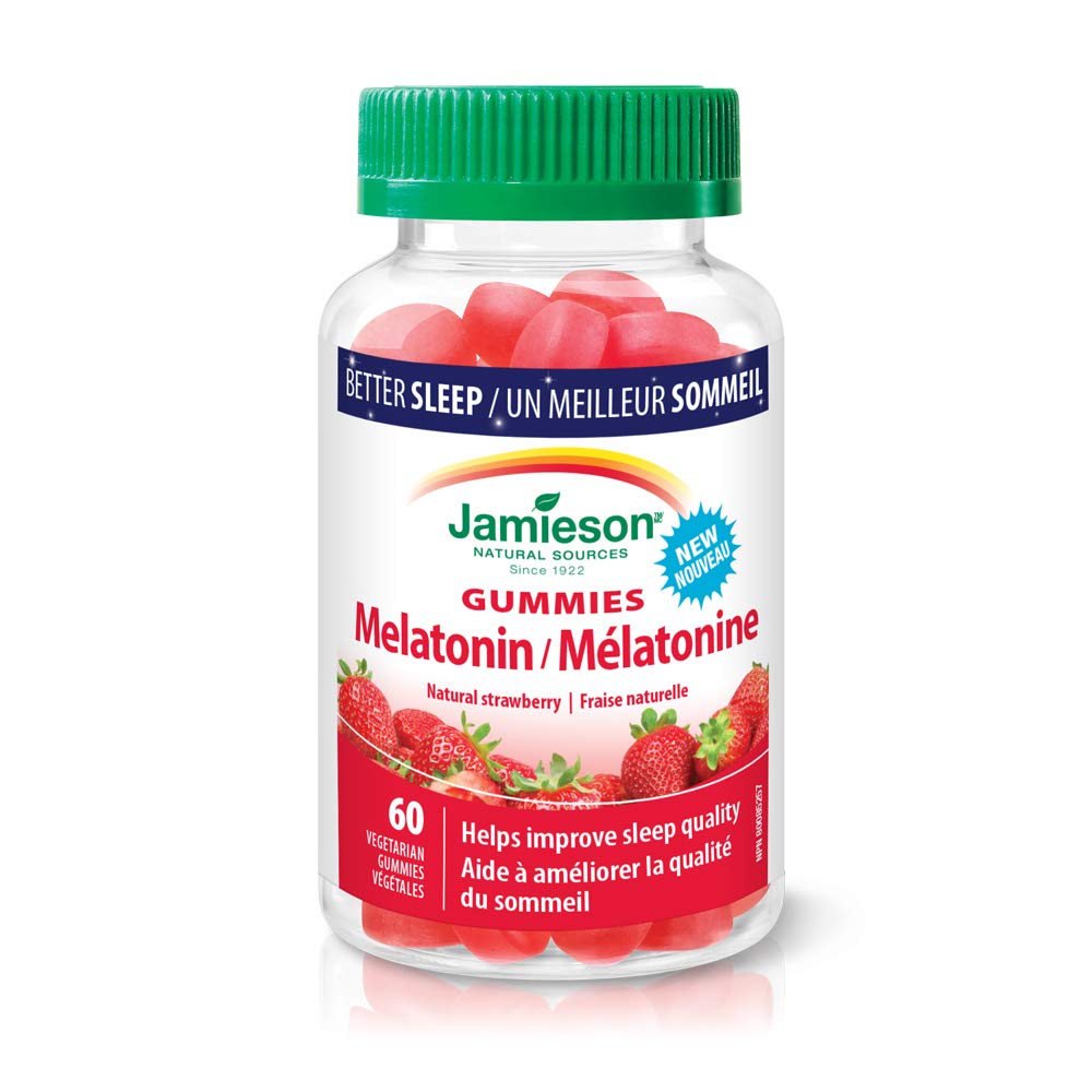 Jamieson Melatonin Gummies 60 count front view with strawberry flavour