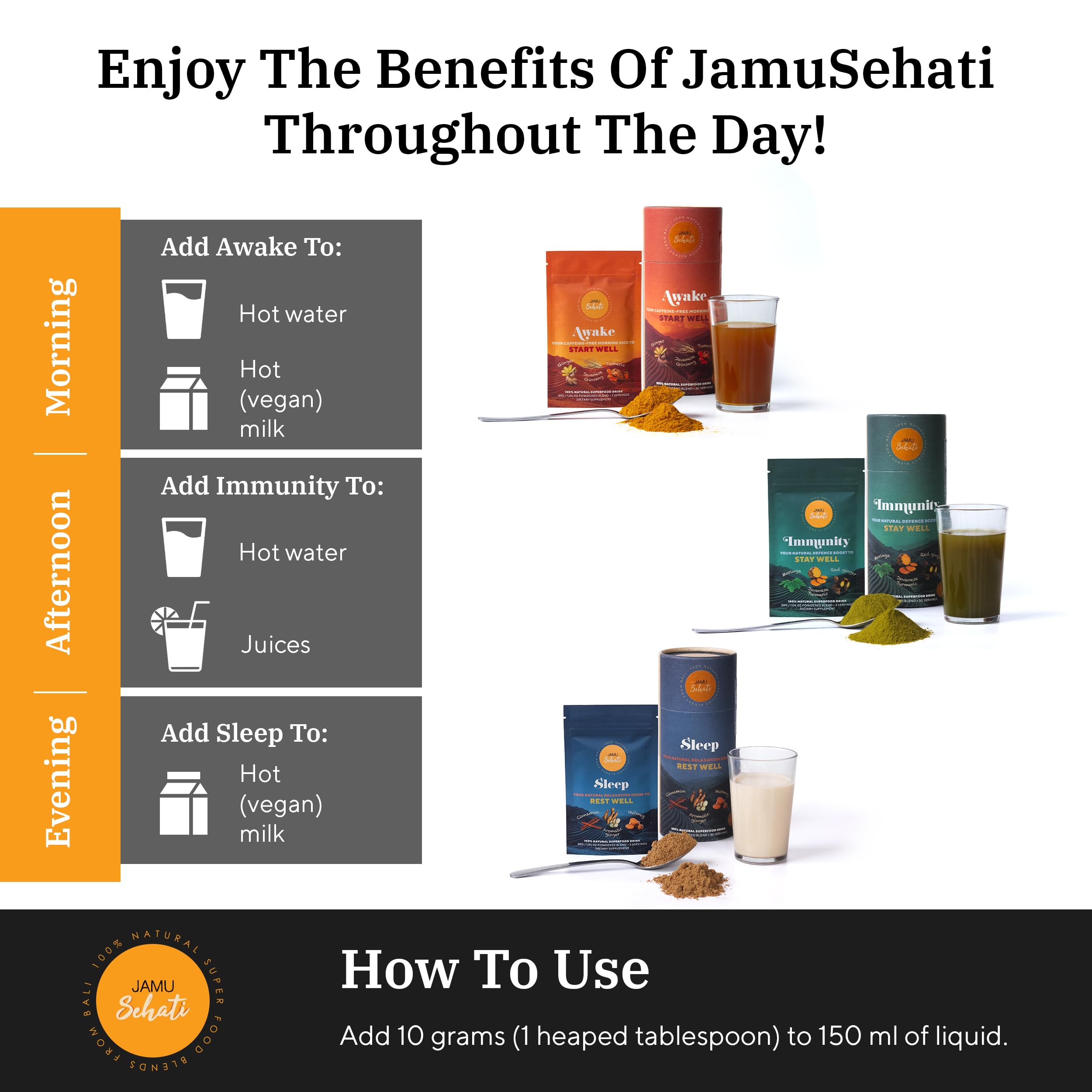 JAMUSEHATI superfood sachets with ingredients displayed