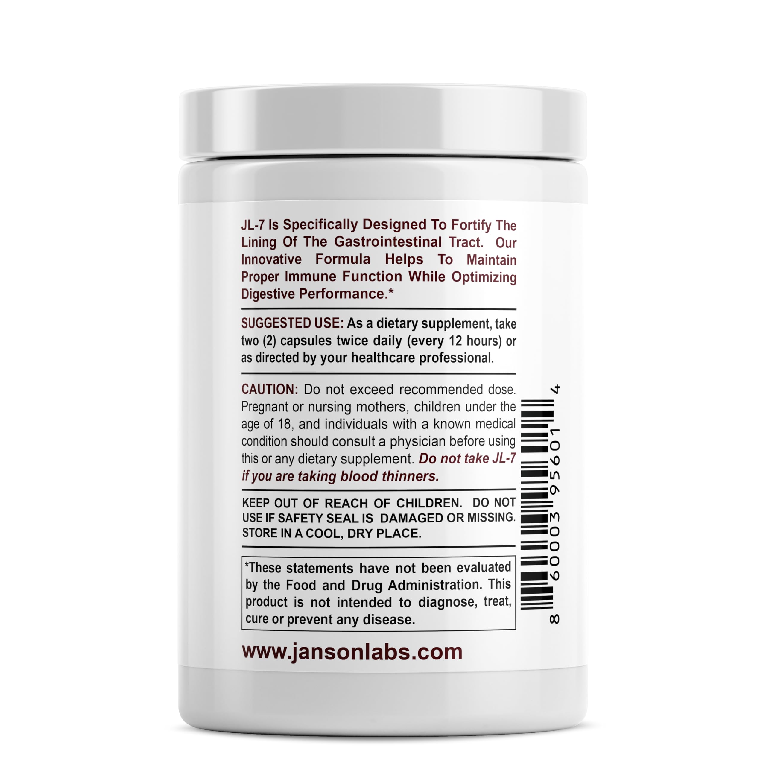 Janson Labs JL-7 Blended Vitamin & Mineral Supplement side view showing clear capsules