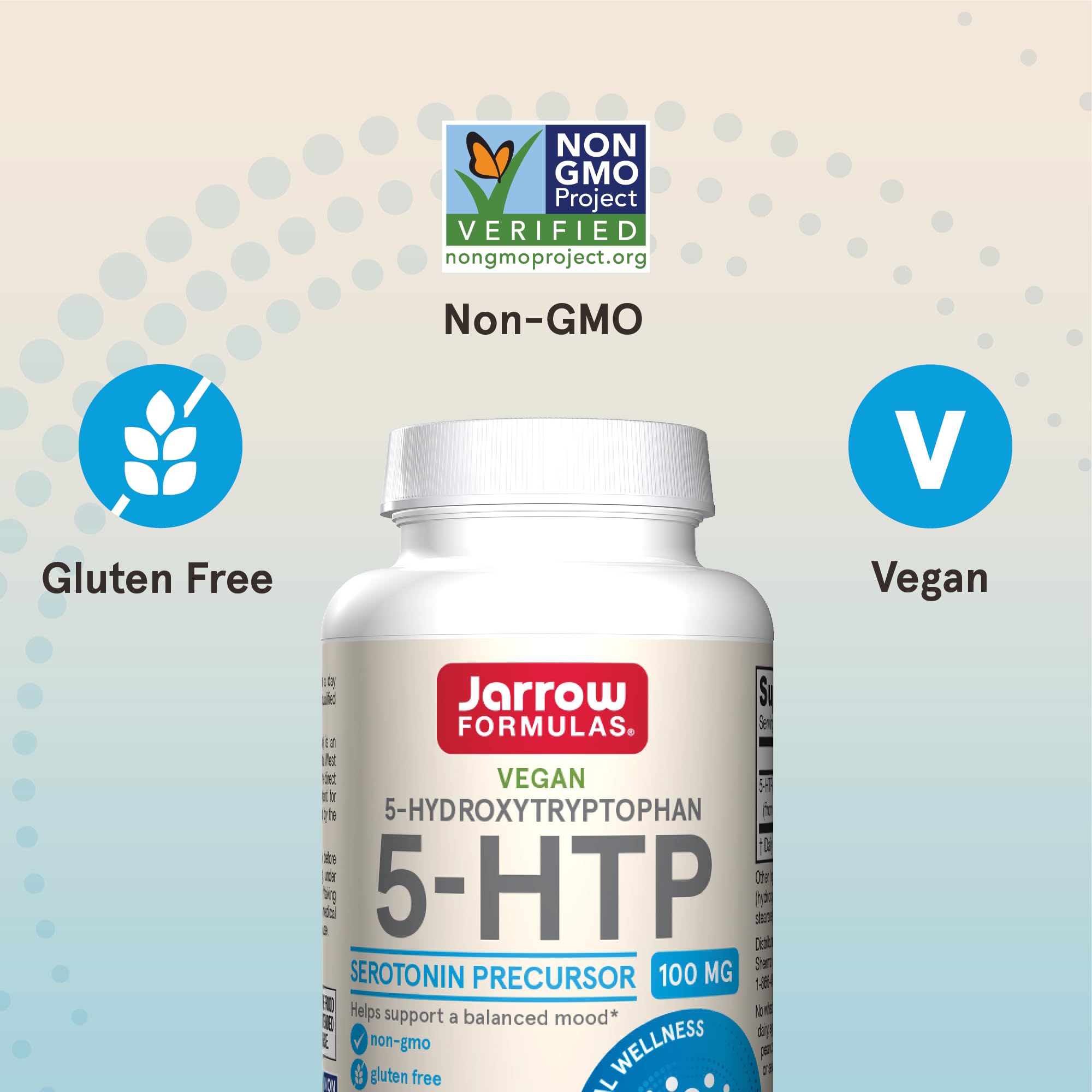 Jarrow Formulas 5-HTP supplement bottle with dosage information