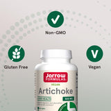Jarrow Formulas Artichoke 500mg Veggie Capsules bottle with a measuring spoon