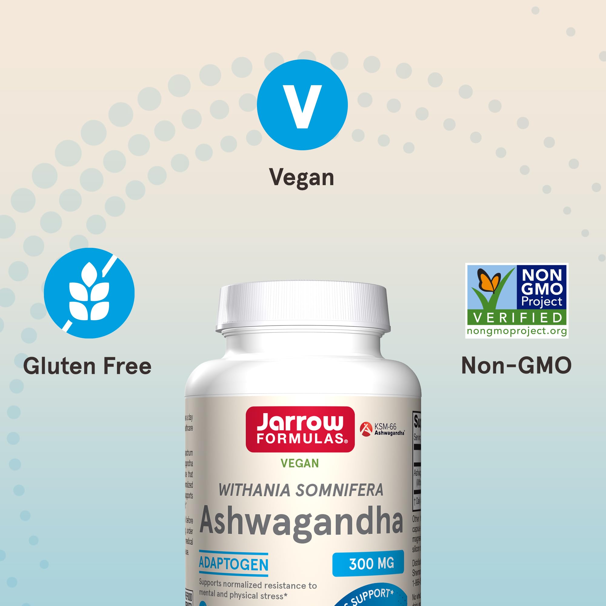 Jarrow Formulas Ashwagandha 300mg Capsules on a wooden table