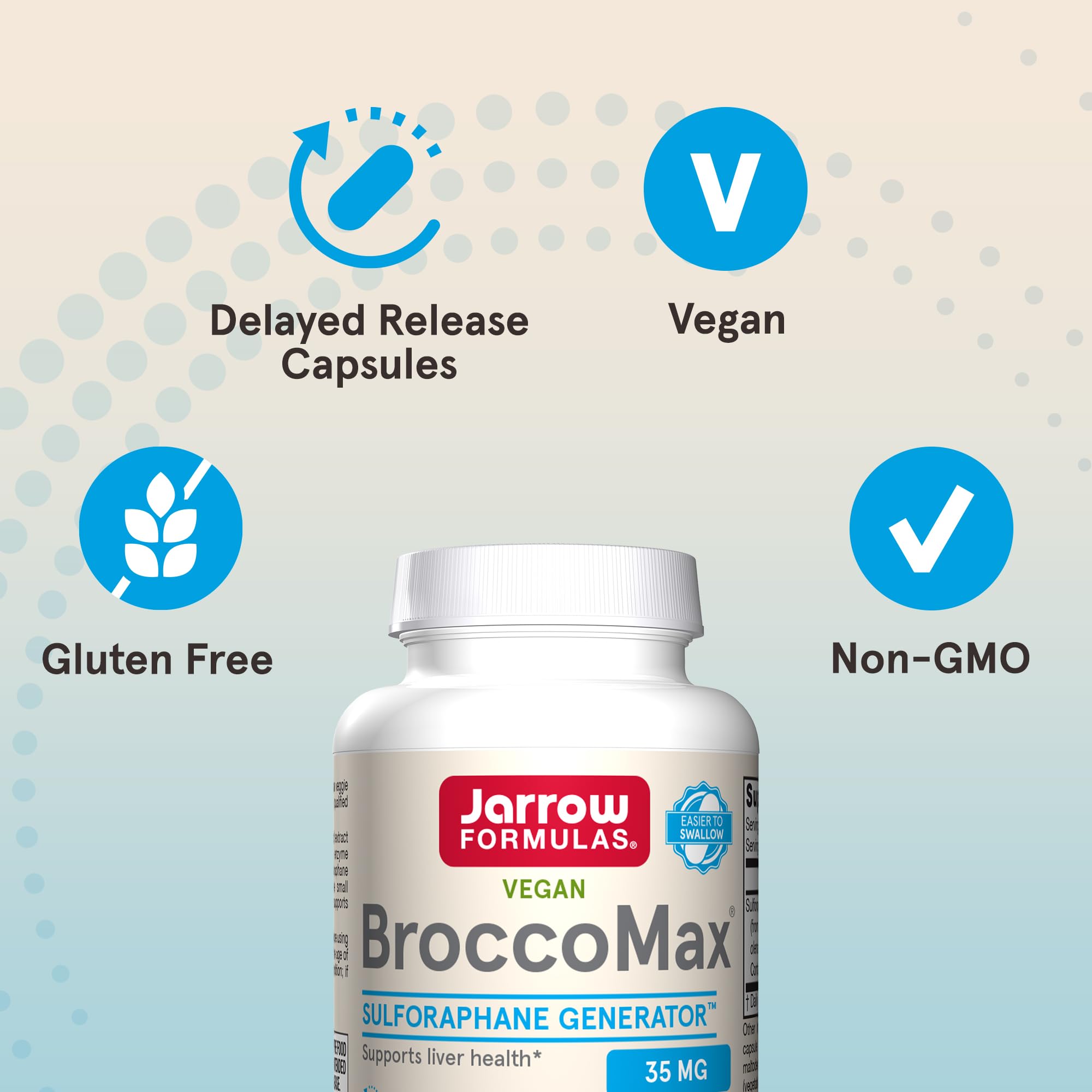 Jarrow Formulas BroccoMax Sulforaphane Generator 35 mg Capsules on a wooden table