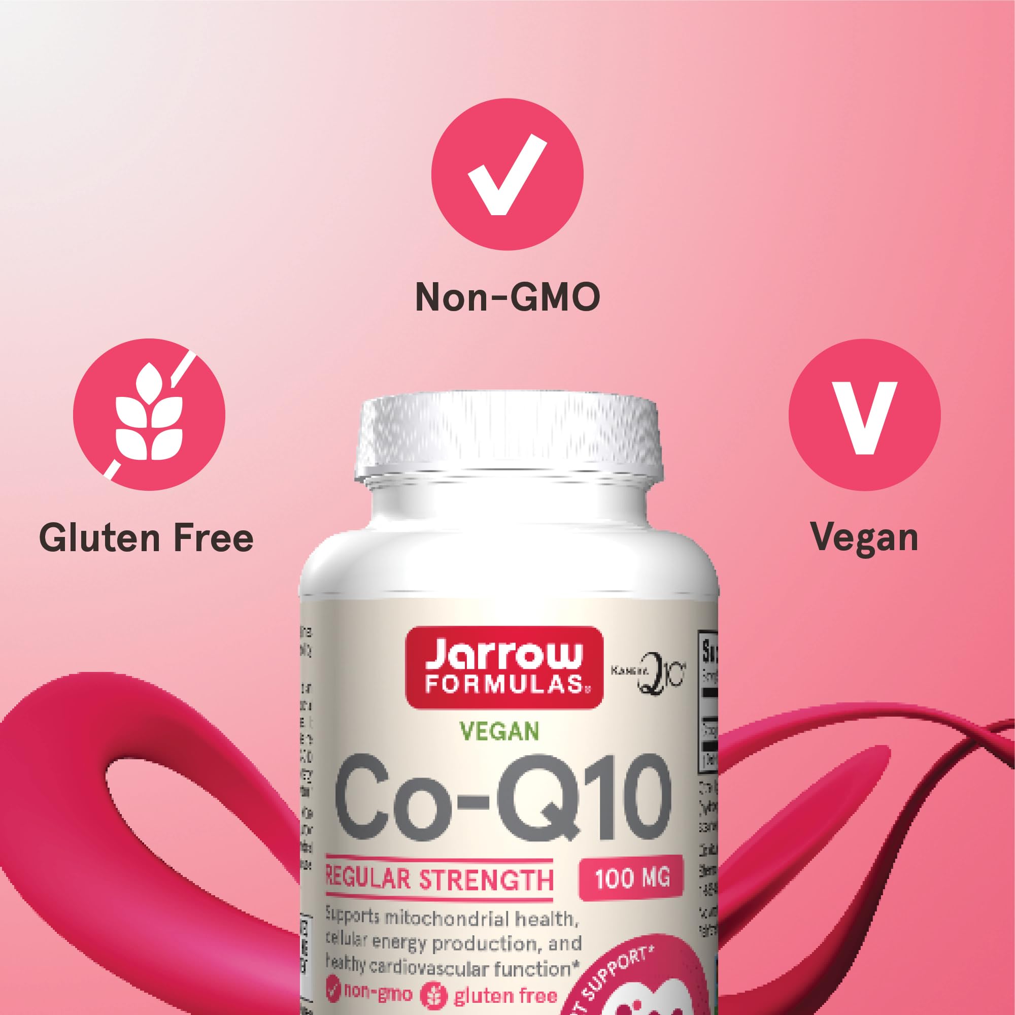 Jarrow Formulas Co-Q10 100mg capsules on a wooden table