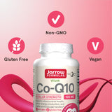 Jarrow Formulas Co-Q10 100mg capsules on a wooden table