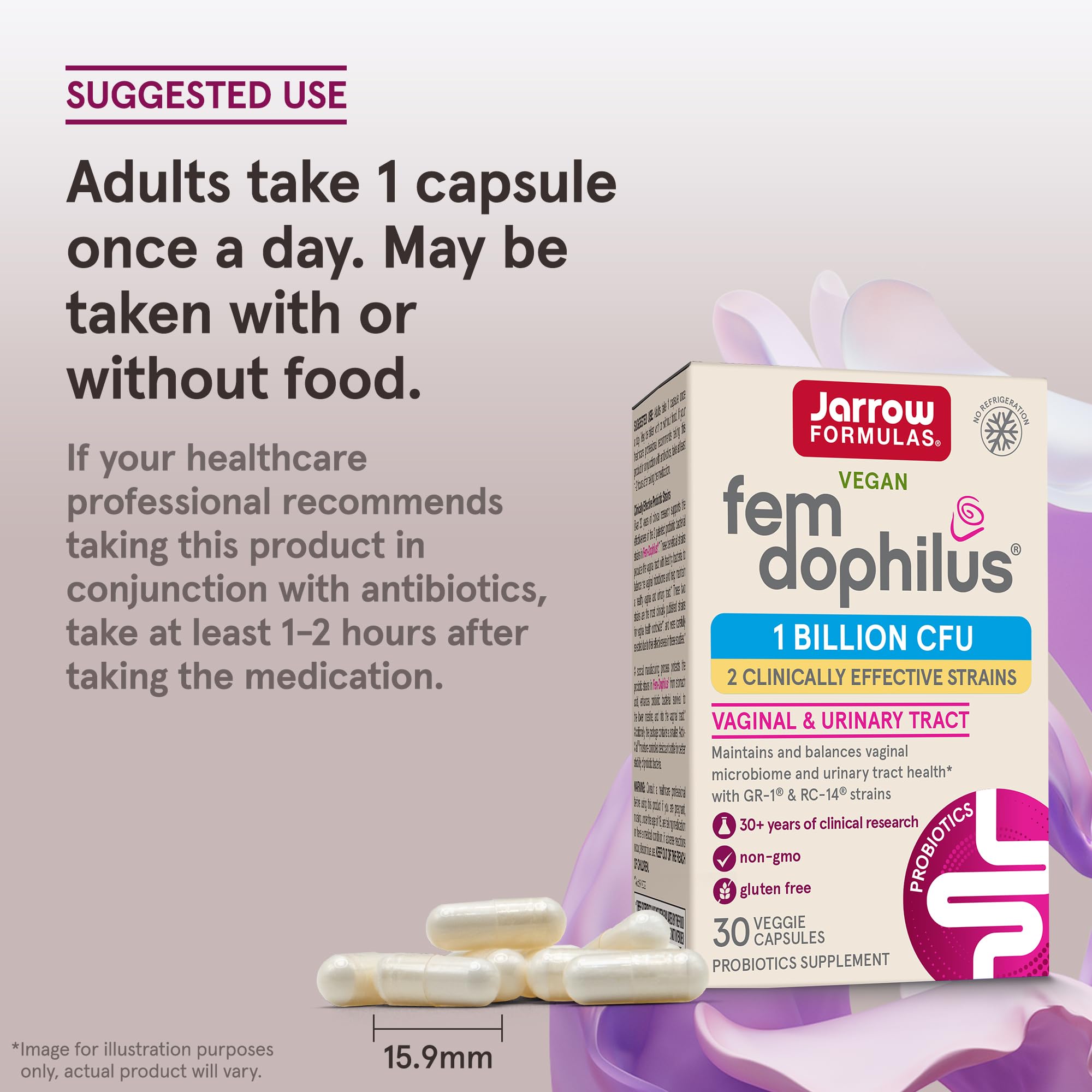 Jarrow Formulas Fem-Dophilus Probiotics 30 Capsules on a wooden table