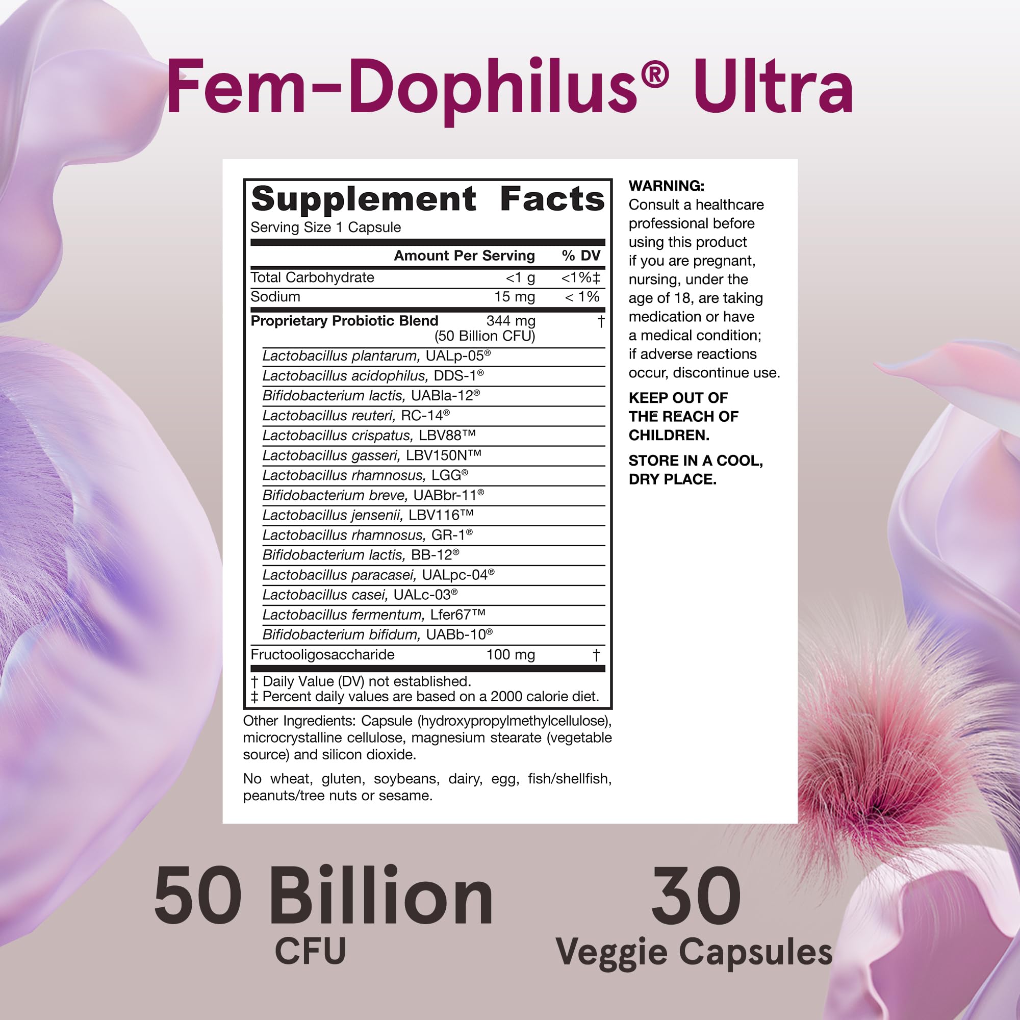 Jarrow Formulas Fem-Dophilus Ultra Probiotics ingredients list on the bottle
