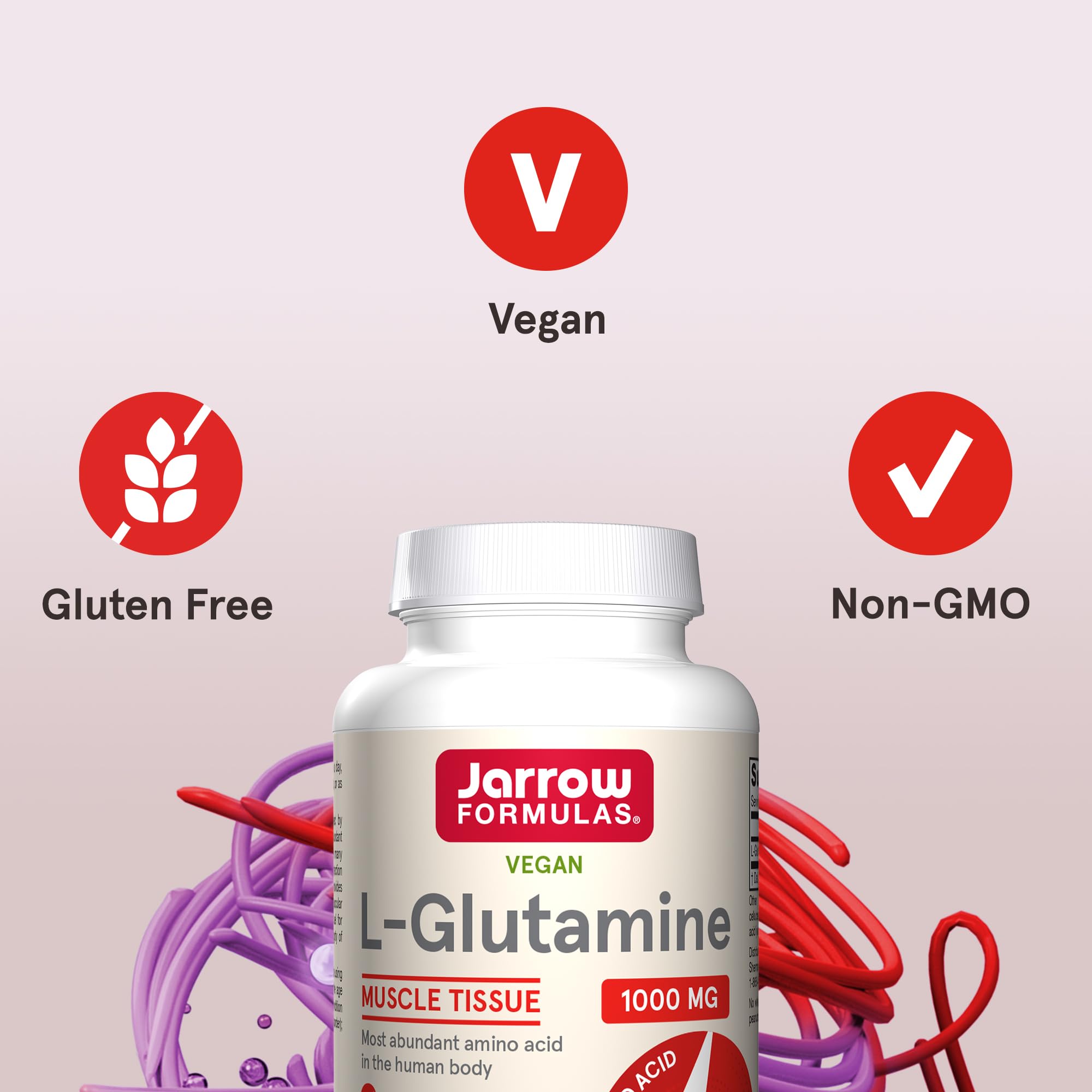 Jarrow Formulas L-Glutamine 1000 mg tablets on wooden background