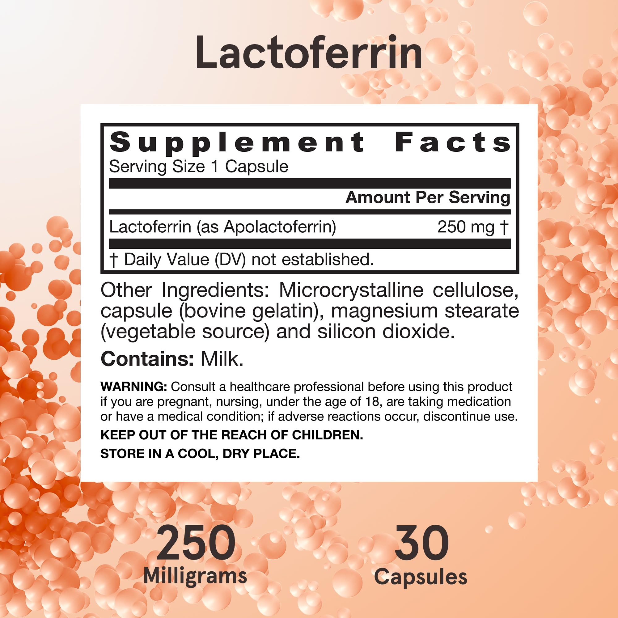 Jarrow Formulas Lactoferrin 250mg capsules on a wooden table
