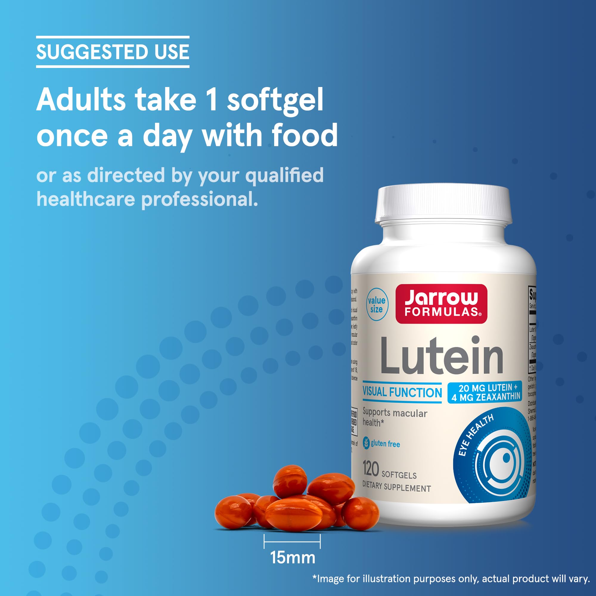 Jarrow Formulas Lutein 20mg Softgels with a measuring spoon