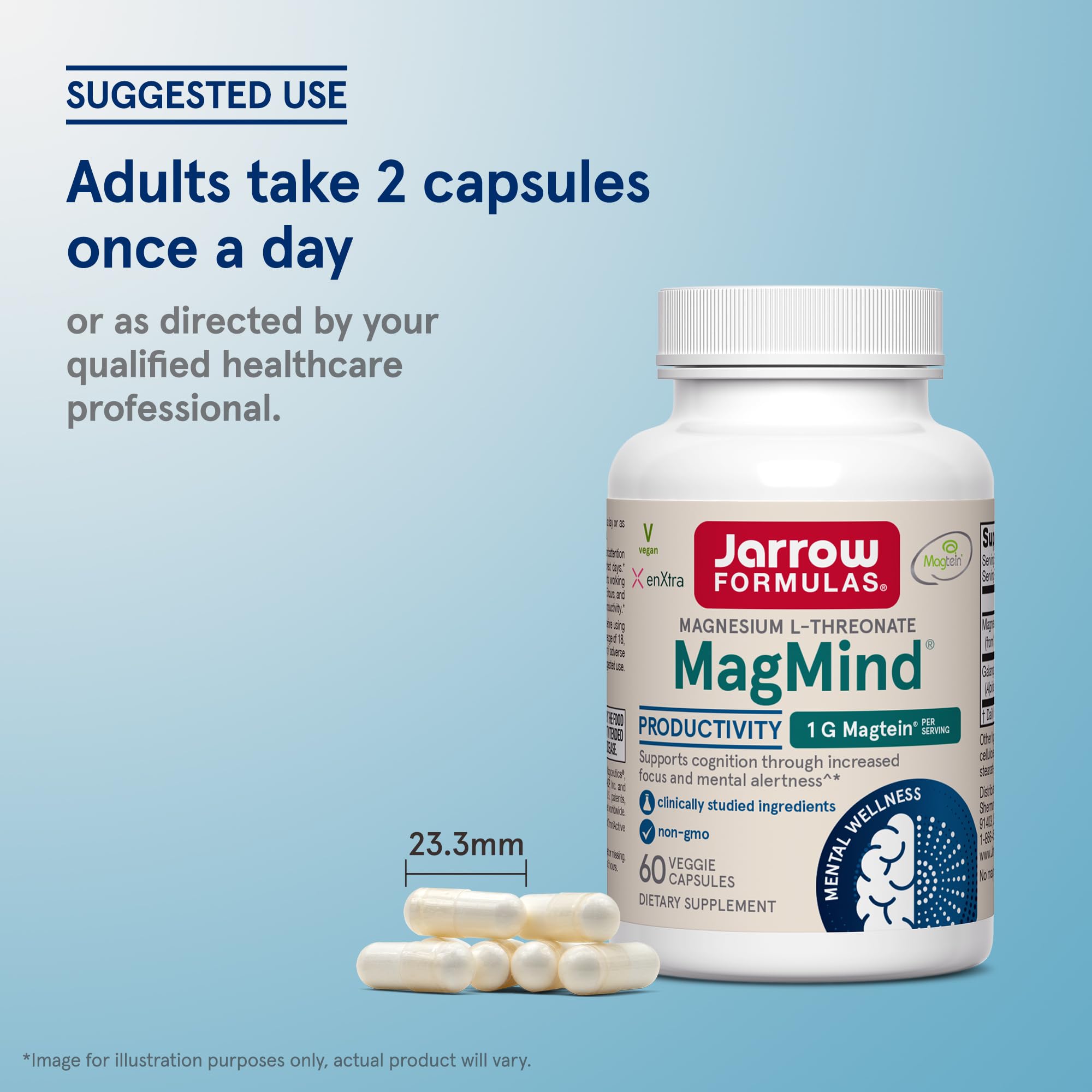 Jarrow Formulas MagMind bottle with a measuring spoon