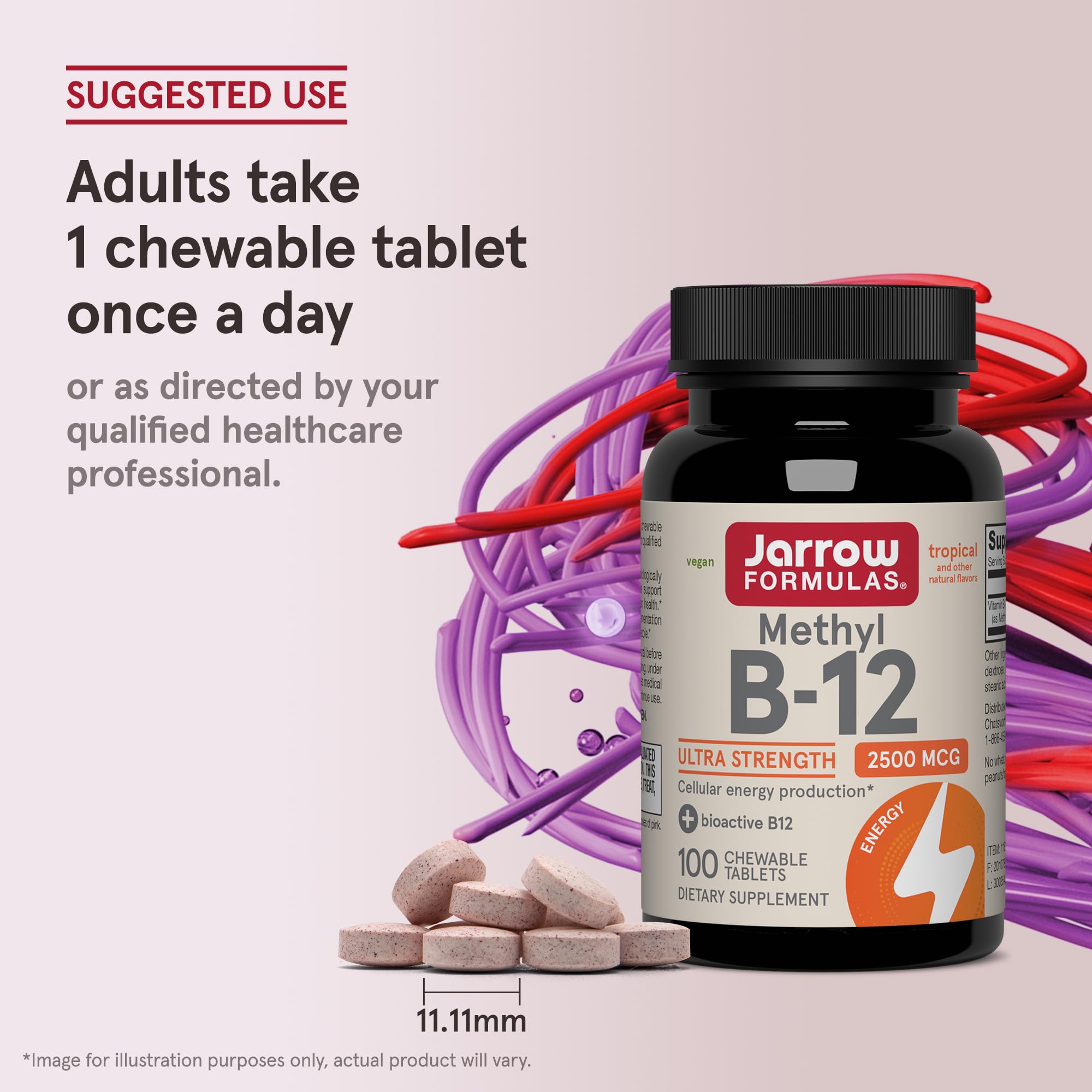 Jarrow Formulas Methyl B-12 Chewable Tablets on a wooden table
