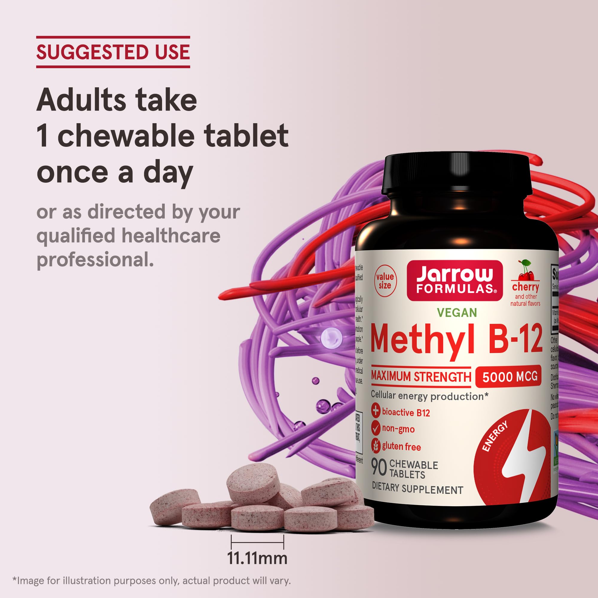 Jarrow Formulas Methyl B-12 chewable tablets with cherry background