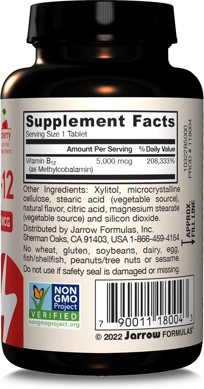 Jarrow Formulas Methyl B-12 tablets next to fresh cherries