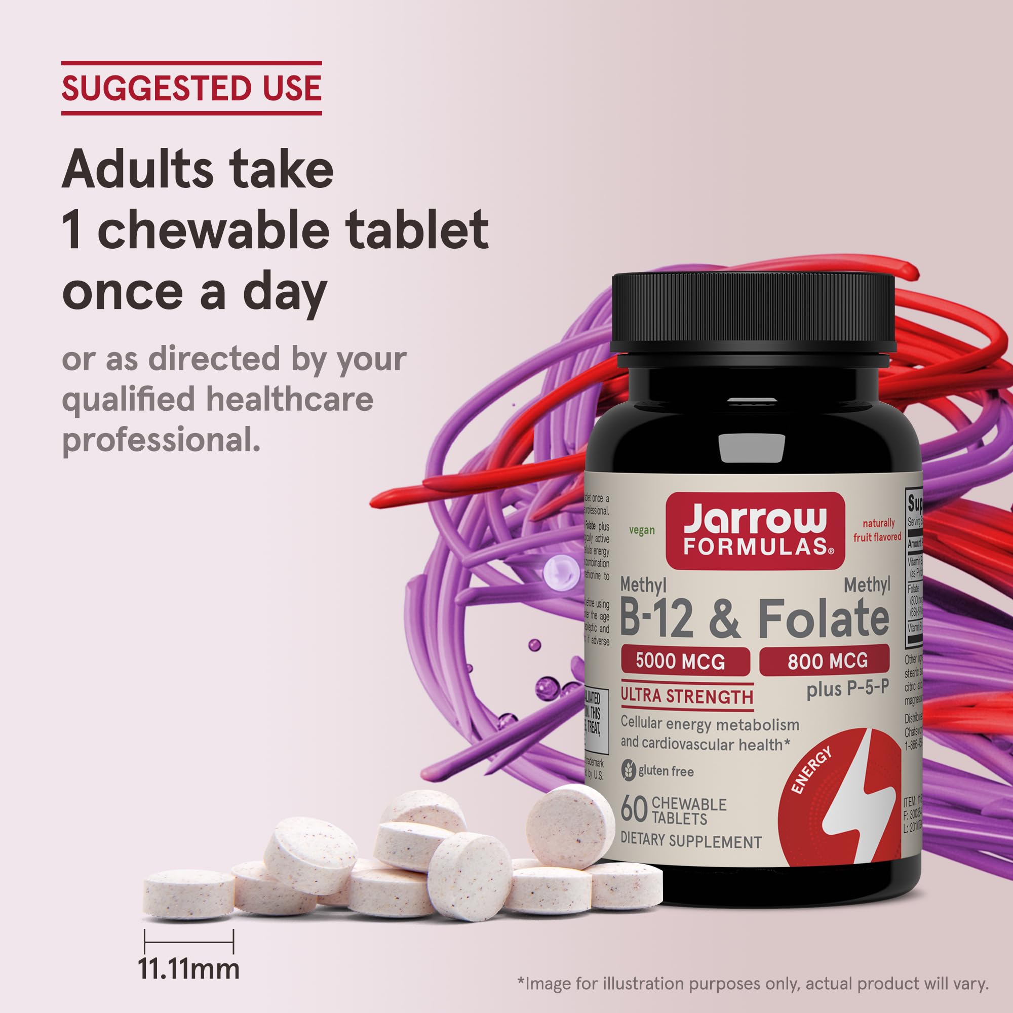 Jarrow Formulas Methyl B12 & Folate Chewable Tablets with fruit background