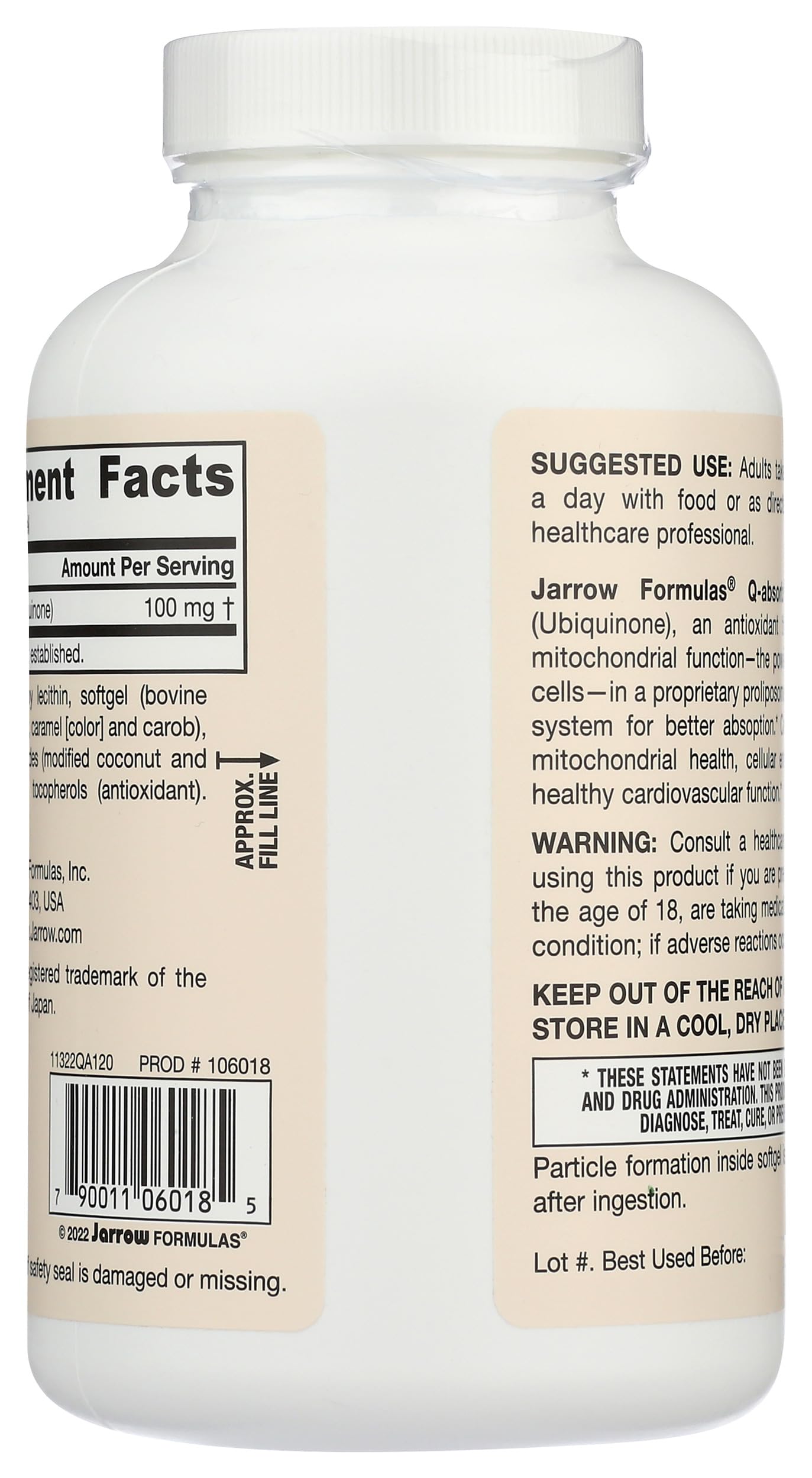 Jarrow Formulas Q-absorb Co-Q10 400mg supplement side view