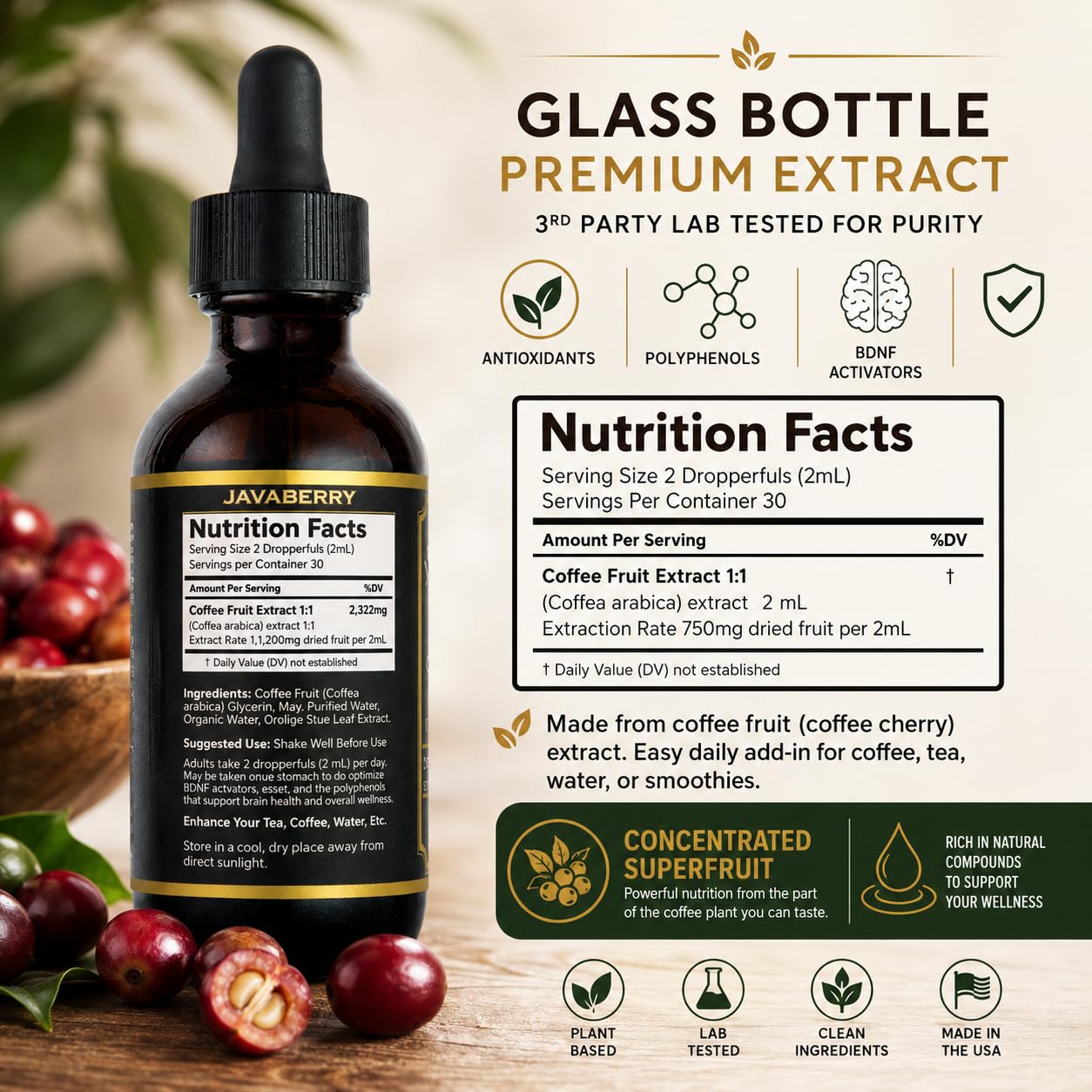 Javaberry Coffee Fruit Liquid Concentrate 60ml in a glass of water
