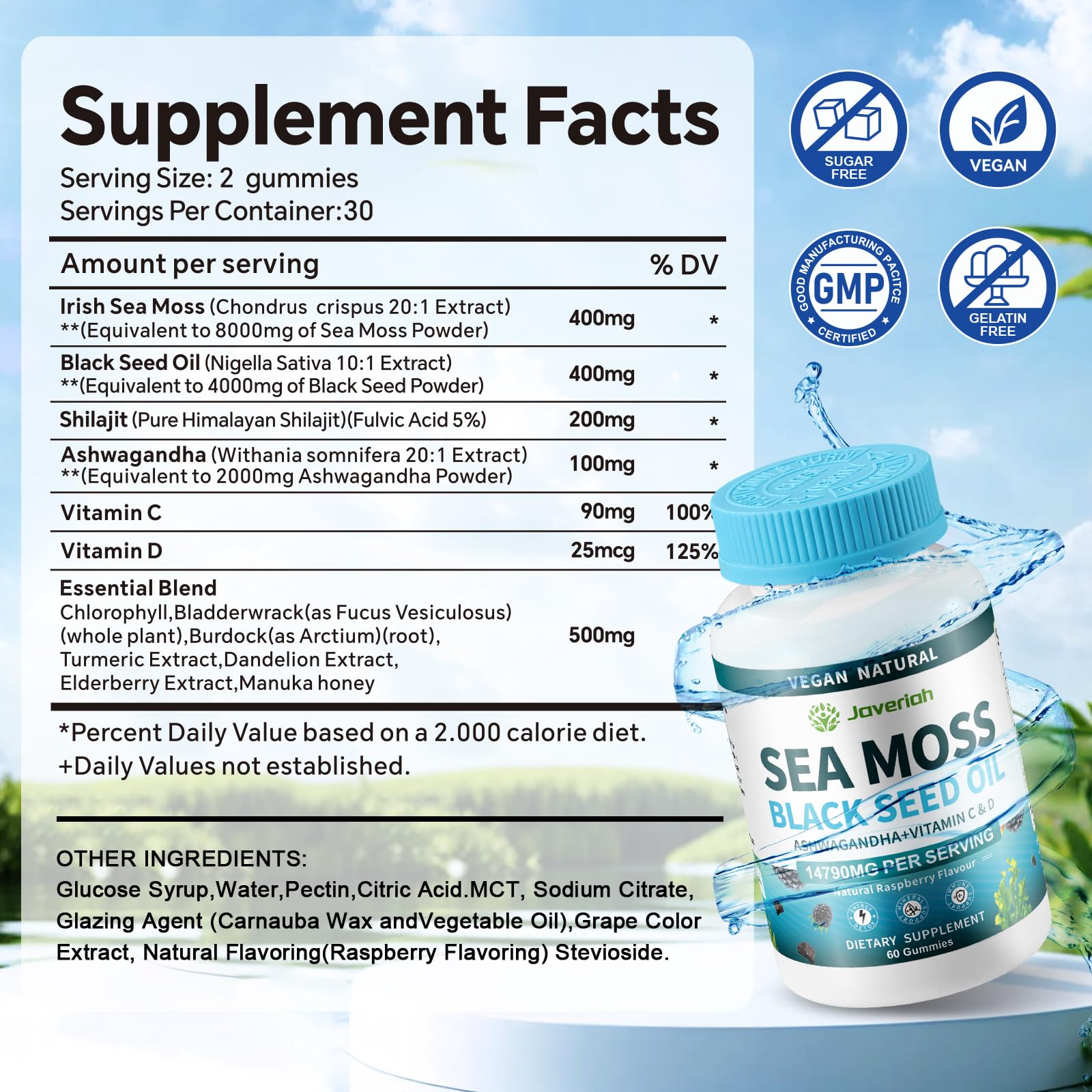 Javeriah Sea Moss Gummies back view with ingredients
