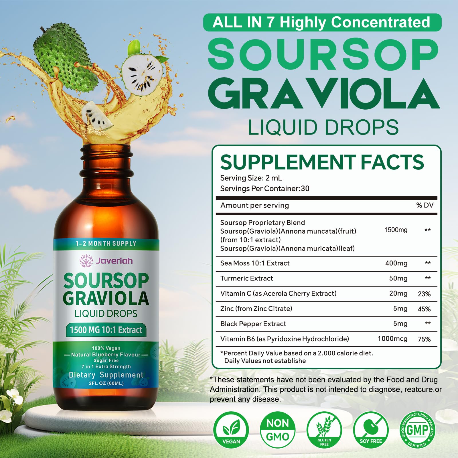 Javeriah Soursop Graviola Liquid Drops 60ML bottle with dropper