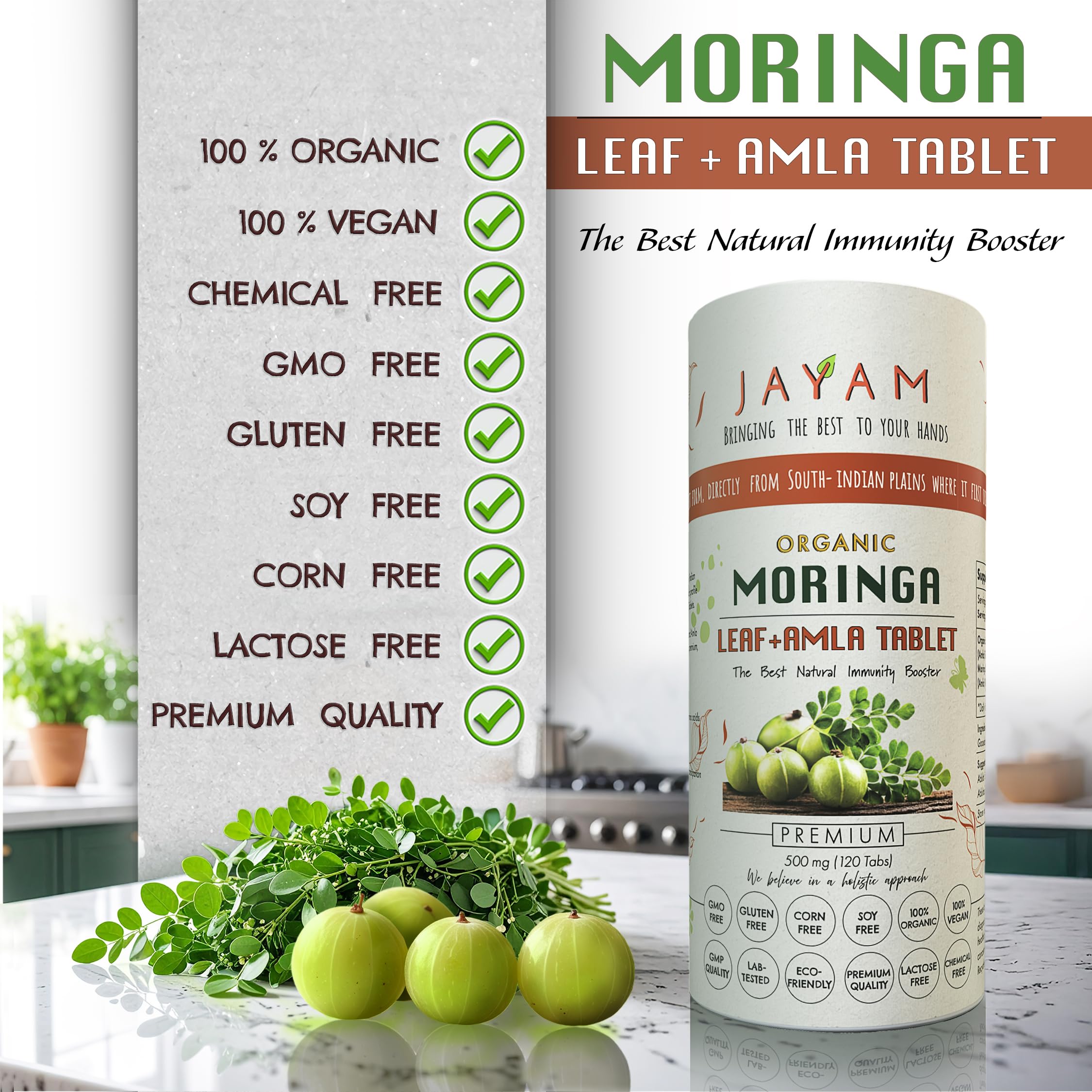JAYAM Organic Moringa Leaf and Amla supplement back view