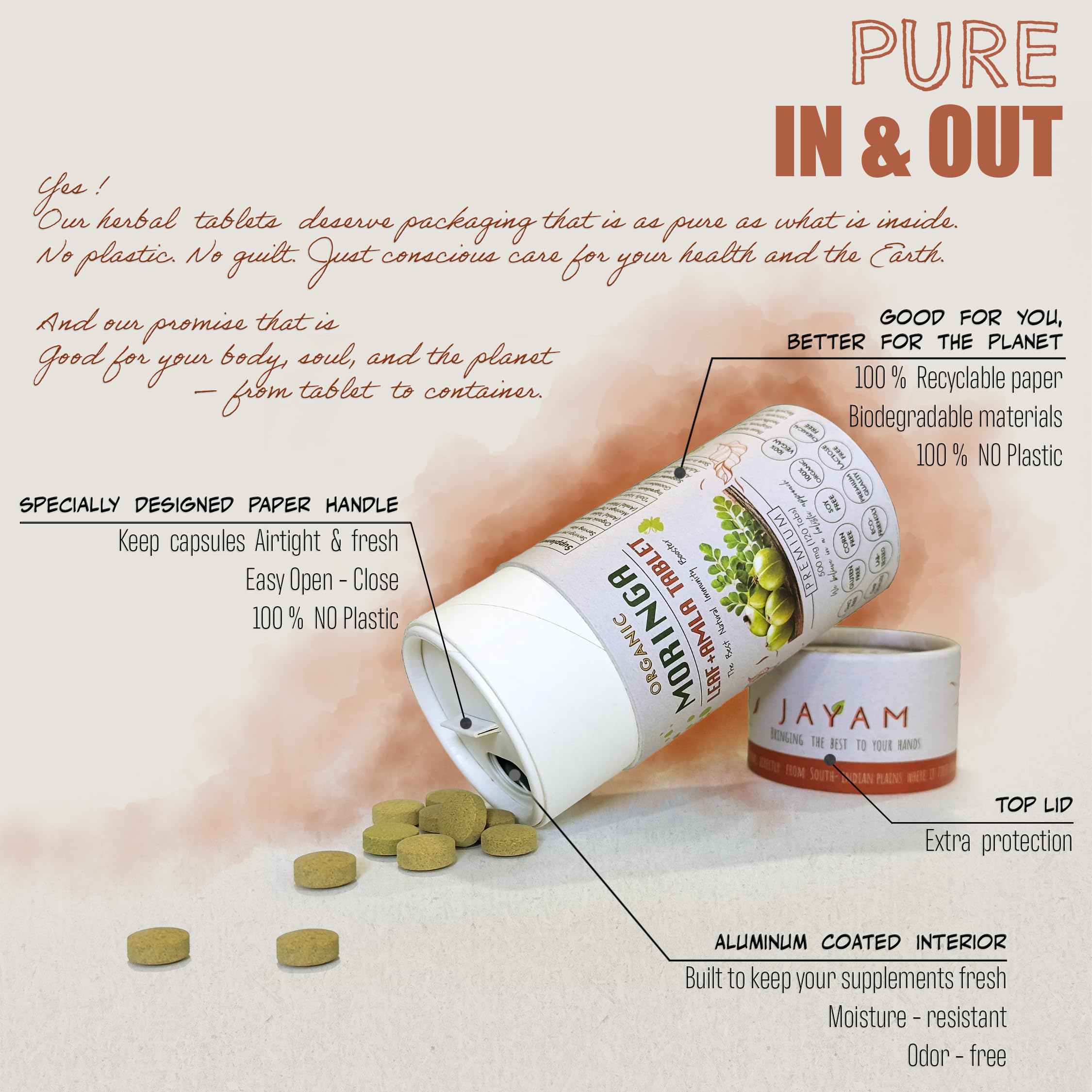 JAYAM Organic Moringa Leaf and Amla supplement on a wooden table