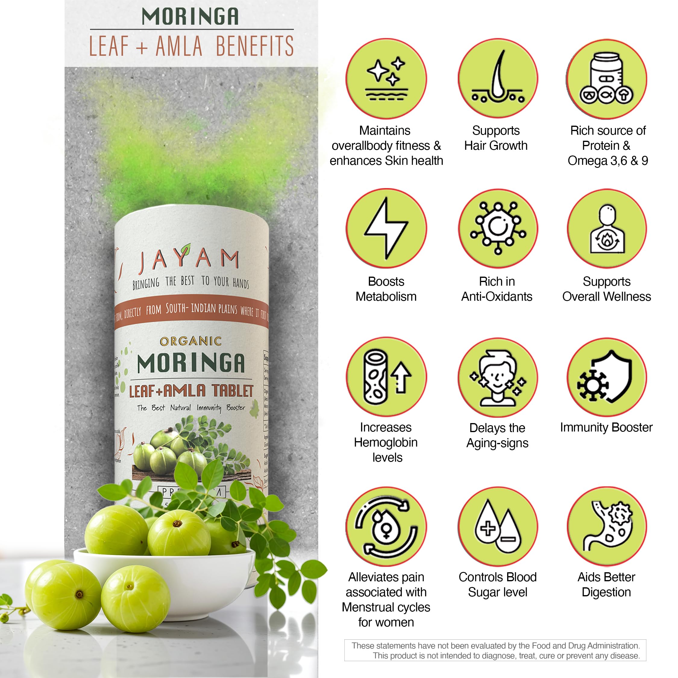 JAYAM Organic Moringa Leaf and Amla supplement packaging