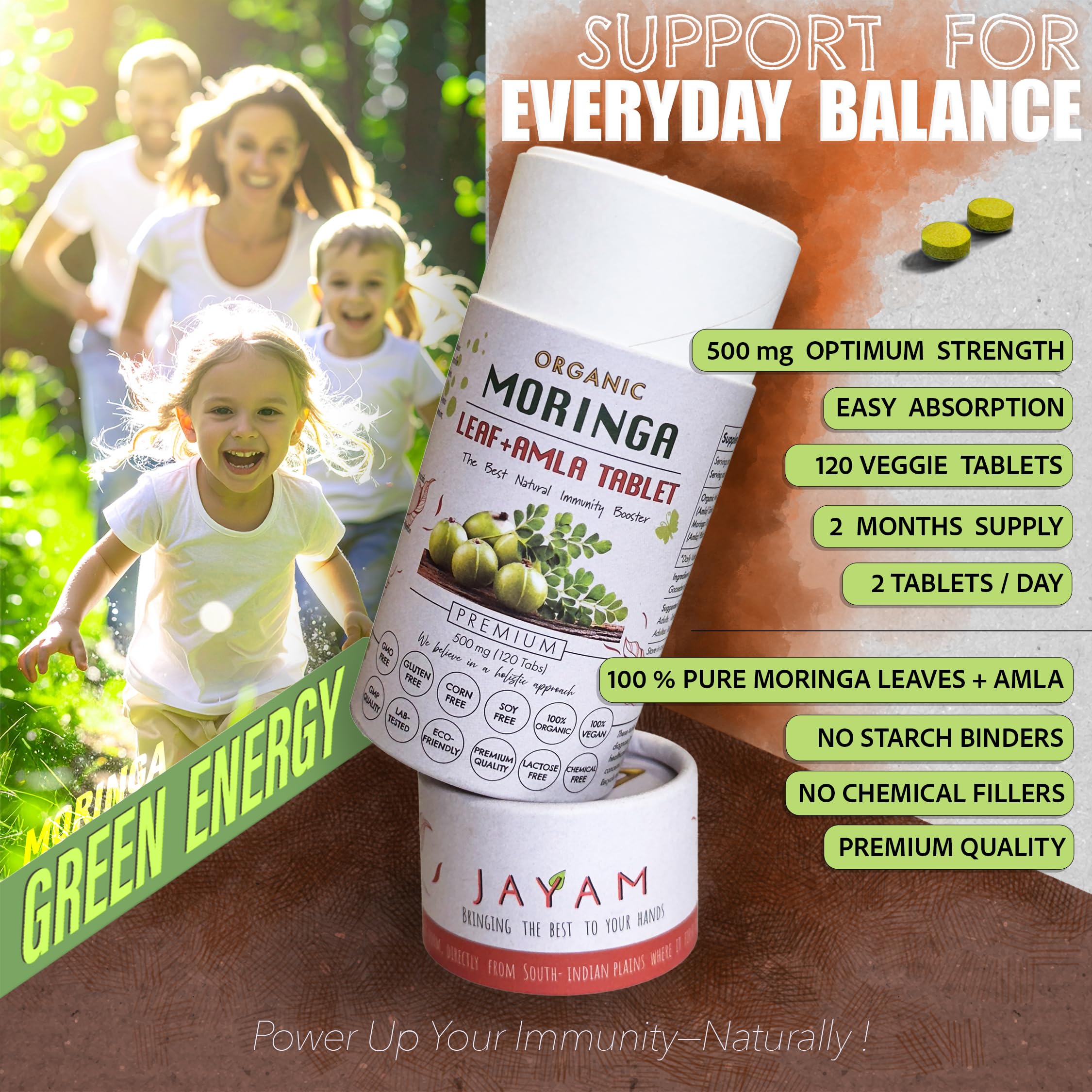 JAYAM Organic Moringa Leaf and Amla supplement side view