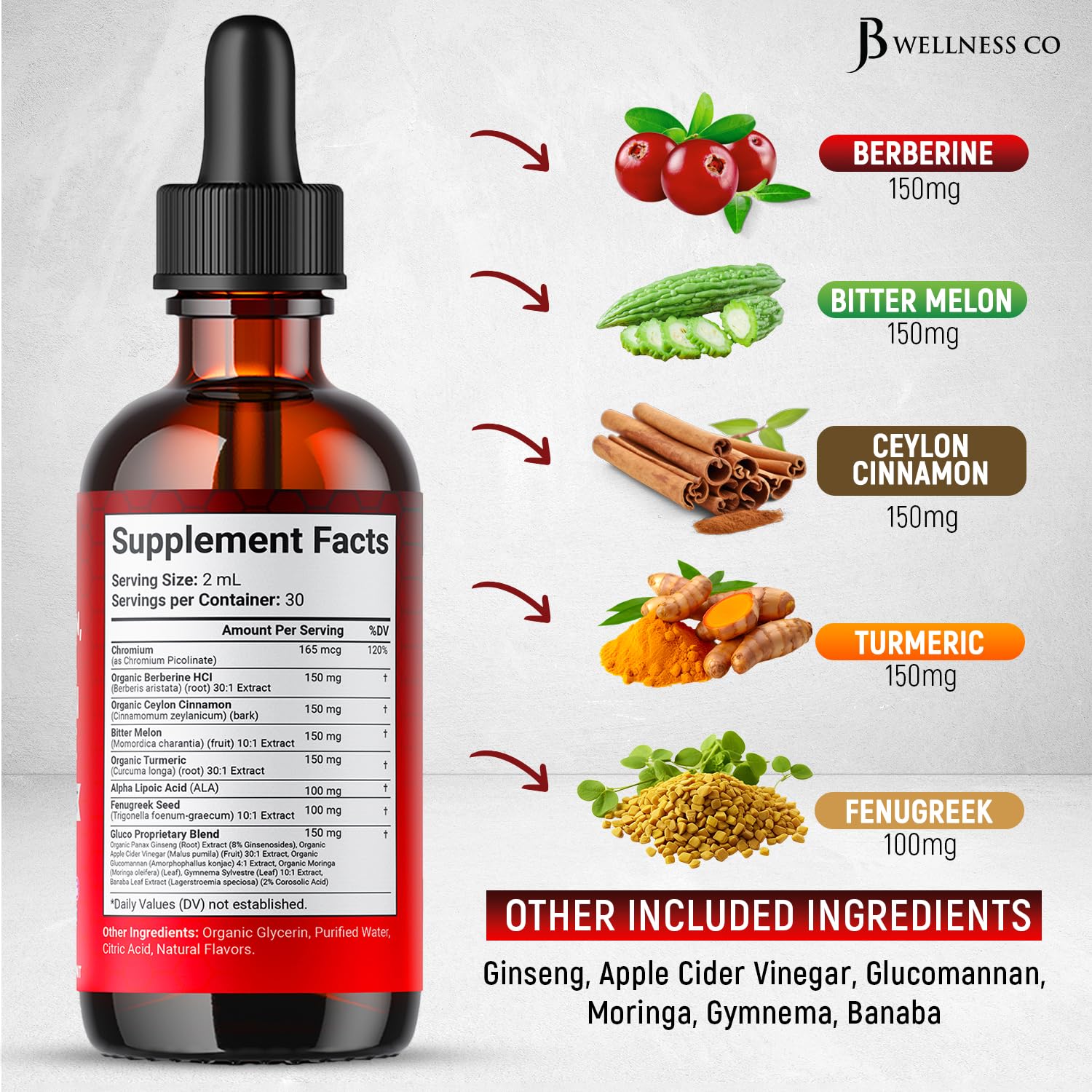 JB Wellness Co Berberine with Ceylon Cinnamon Drops bottle side view