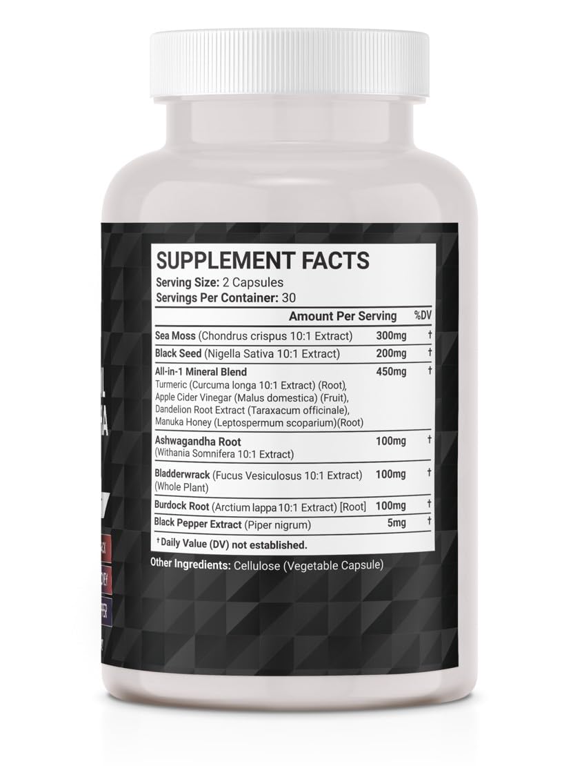JB Wellness Co Black Seed Oil Sea Moss Capsules displayed with natural elements