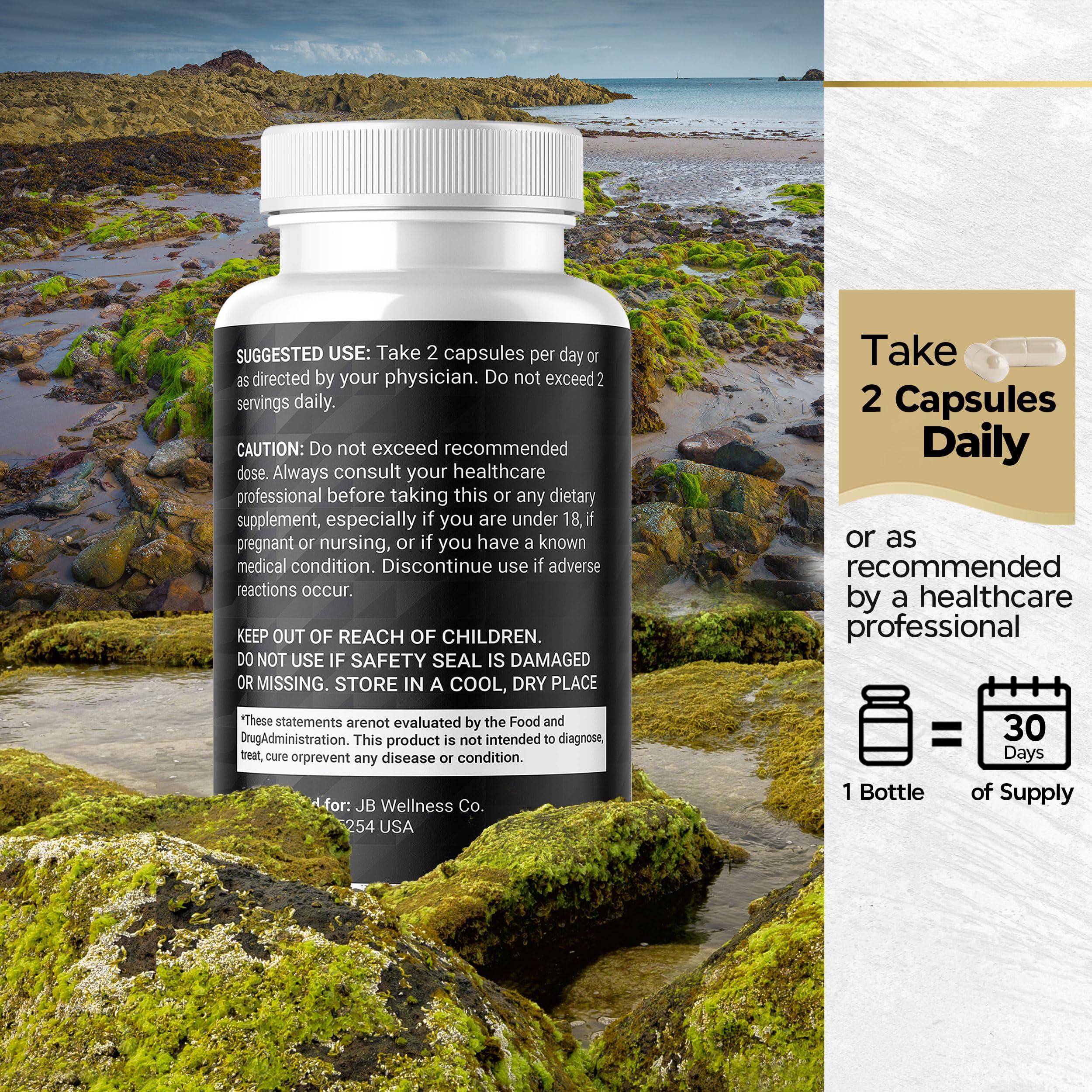 JB Wellness Co Black Seed Oil Sea Moss Capsules with ingredients list