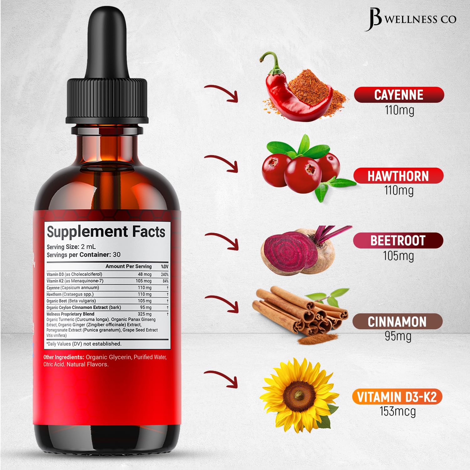 JB Wellness Co Cayenne Pepper Liquid Drop Supplement bottle with label
