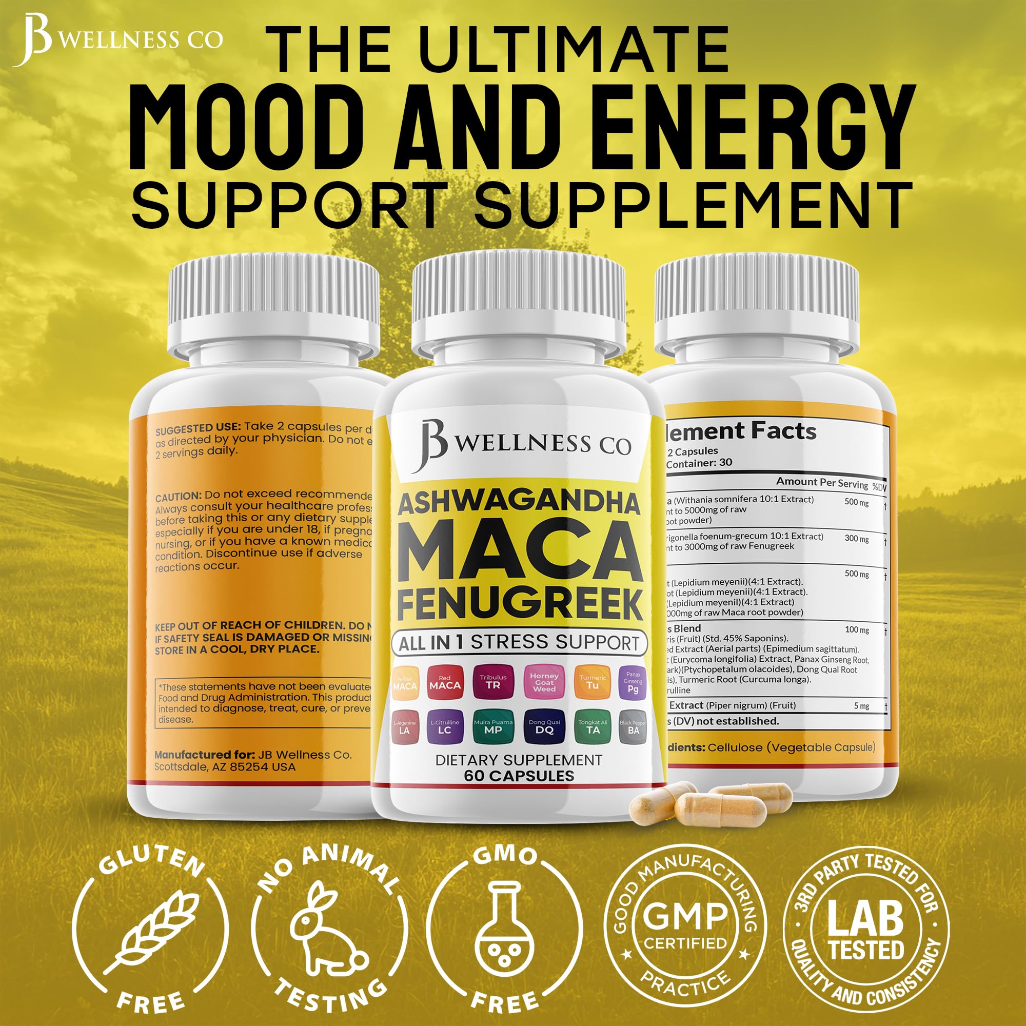 JB Wellness Co Maca Fenugreek Ashwagandha Supplement ingredients list