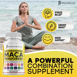 JB Wellness Co Maca Fenugreek Ashwagandha Supplement on a wooden table