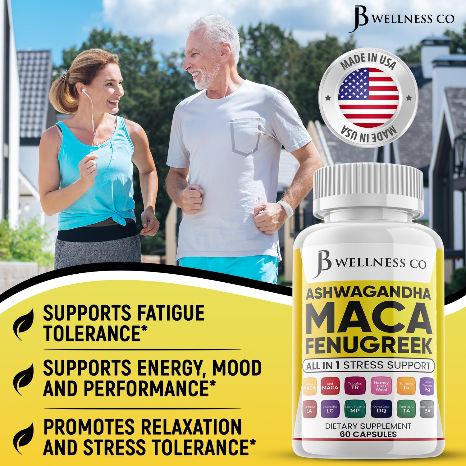JB Wellness Co Maca Fenugreek Ashwagandha Supplement packaging