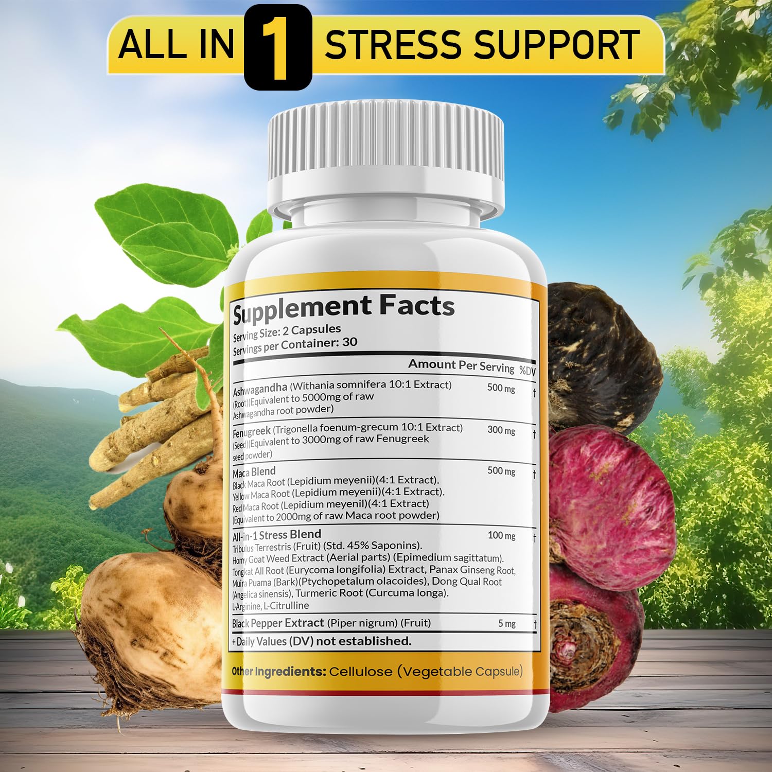 JB Wellness Co Maca Fenugreek Ashwagandha Supplement side view