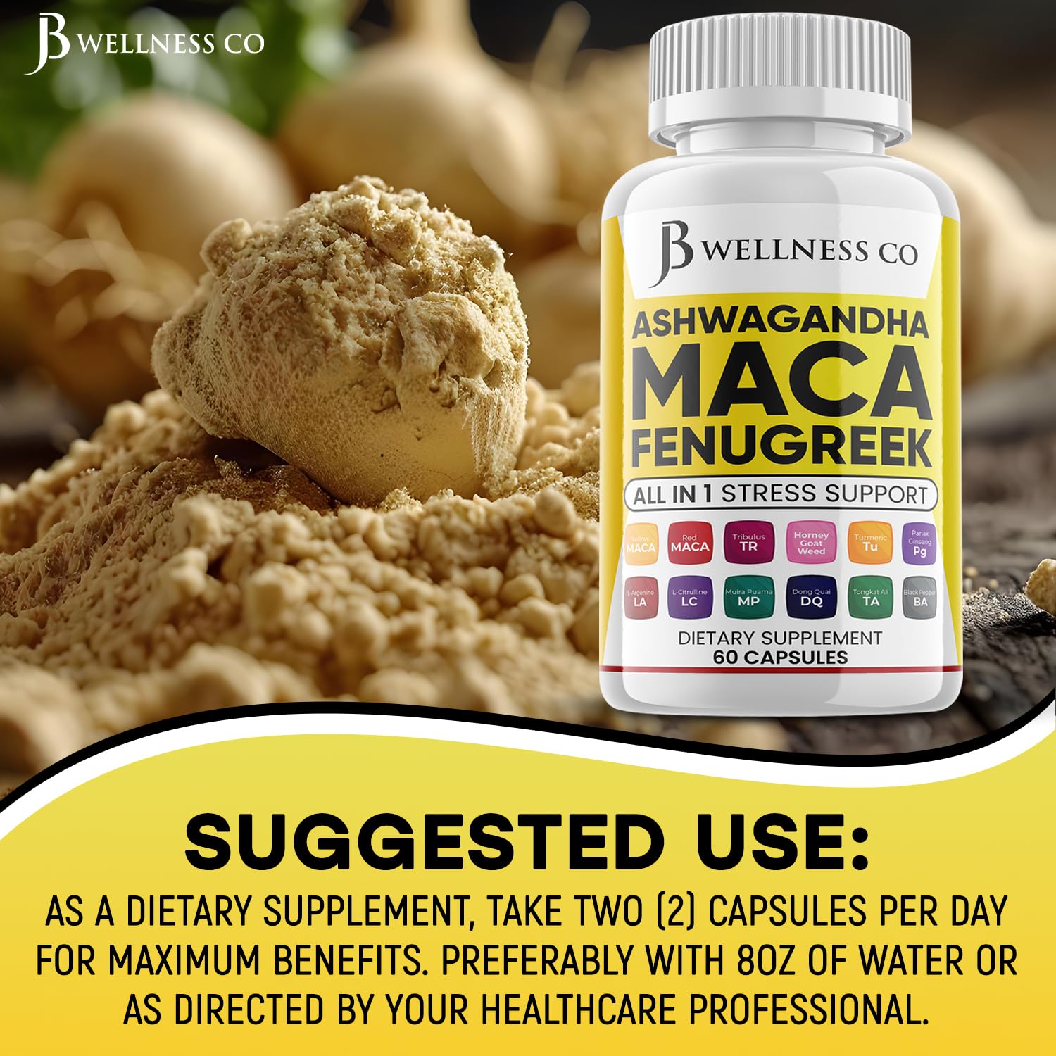 JB Wellness Co Maca Fenugreek Ashwagandha Supplement with a measuring spoon