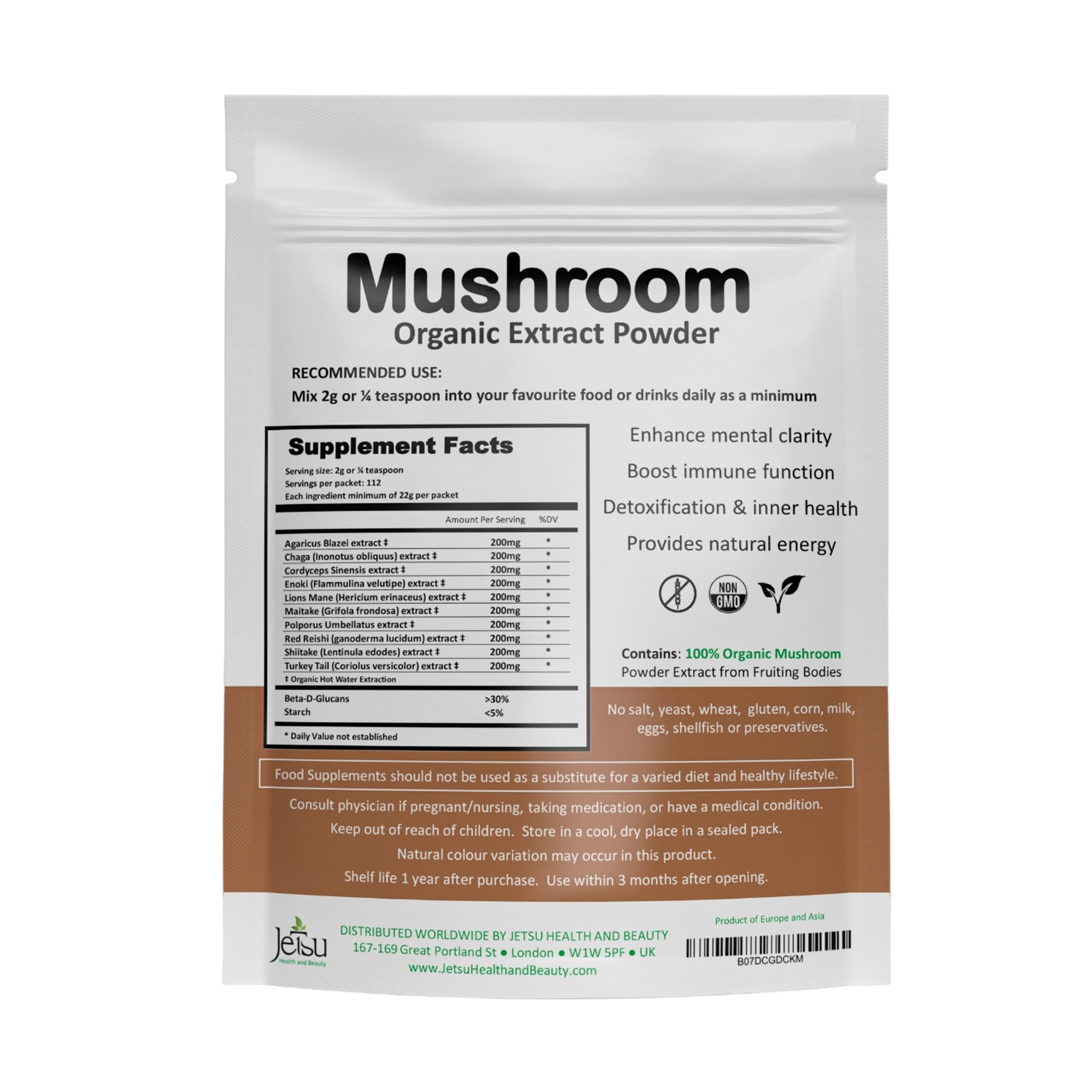 Jetsu Mushroom Supplement 10 Blend Organic Extracts back view