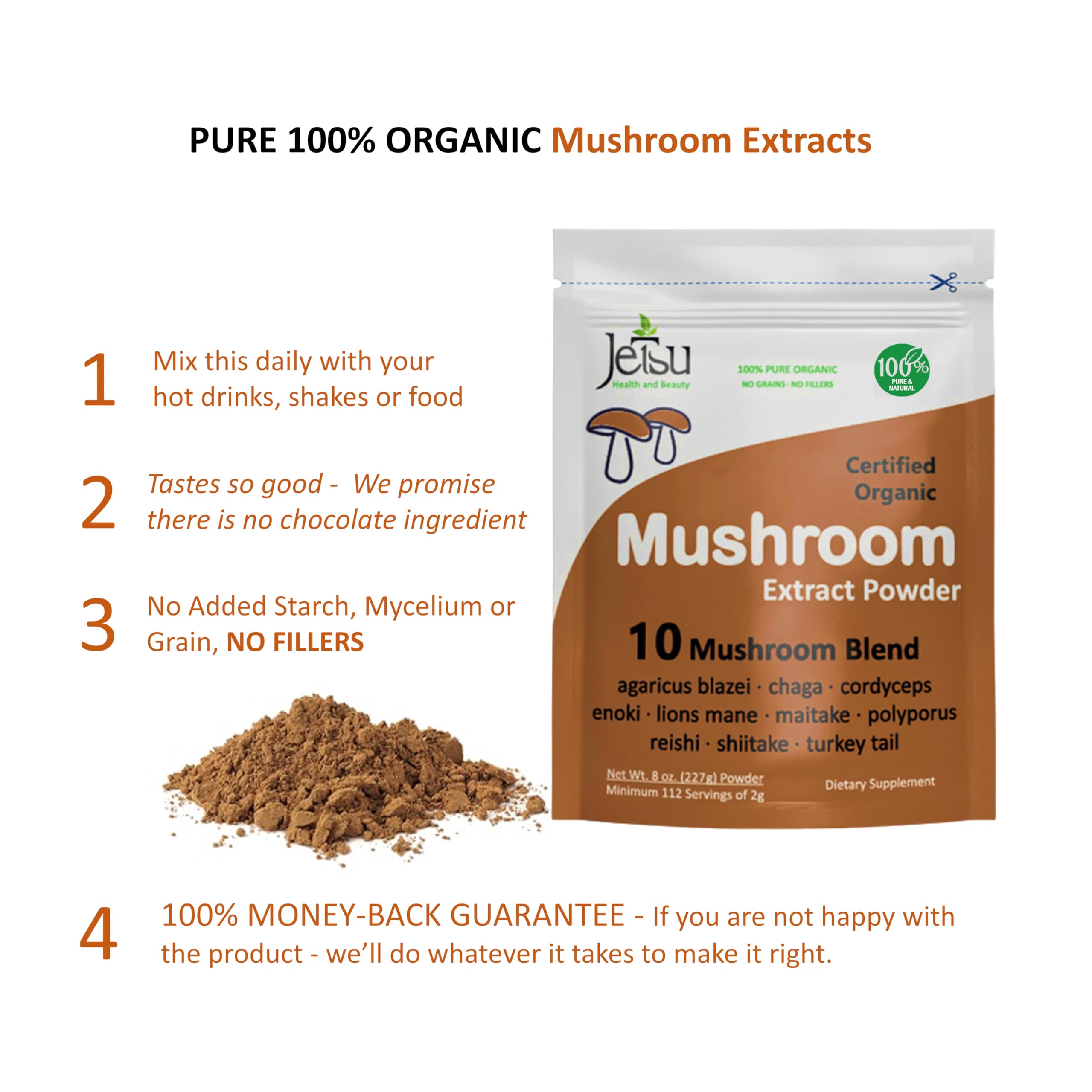 Jetsu Mushroom Supplement 10 Blend Organic Extracts side view