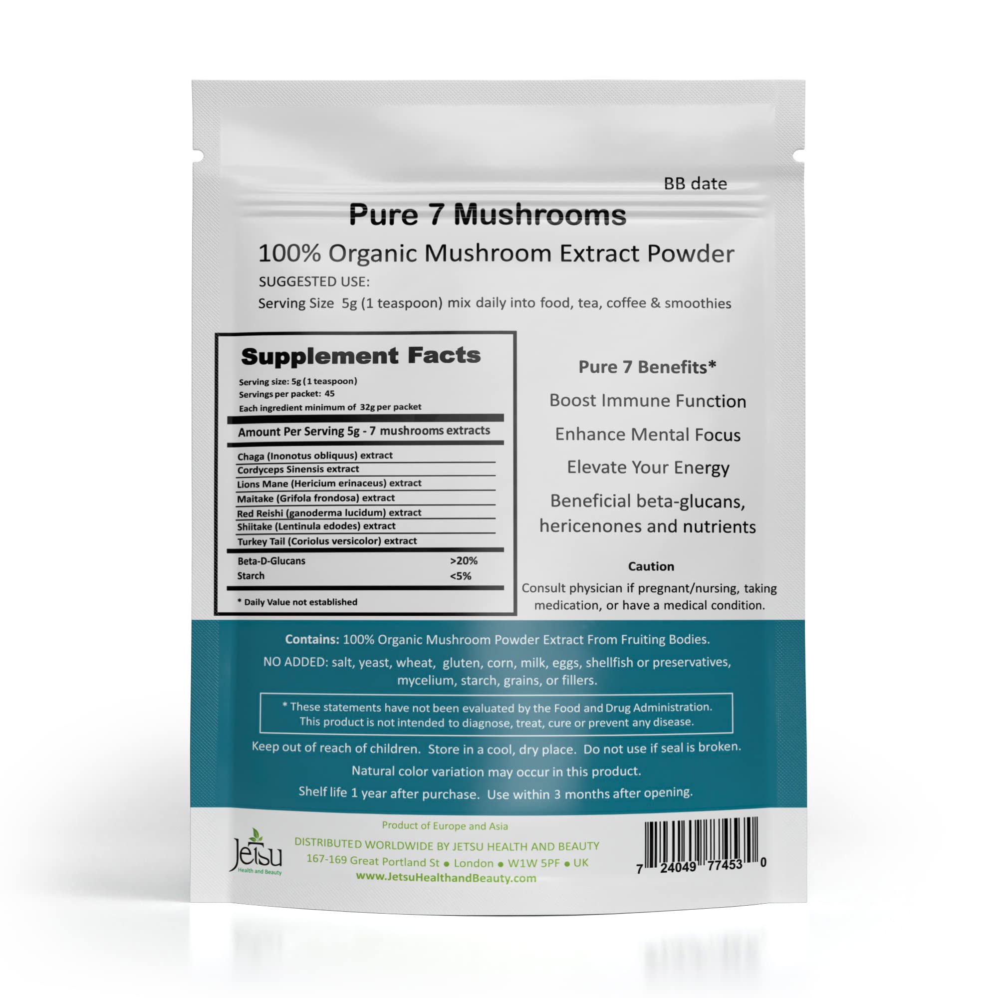 Jetsu Pure 7 Mushroom Complex 231g packaging