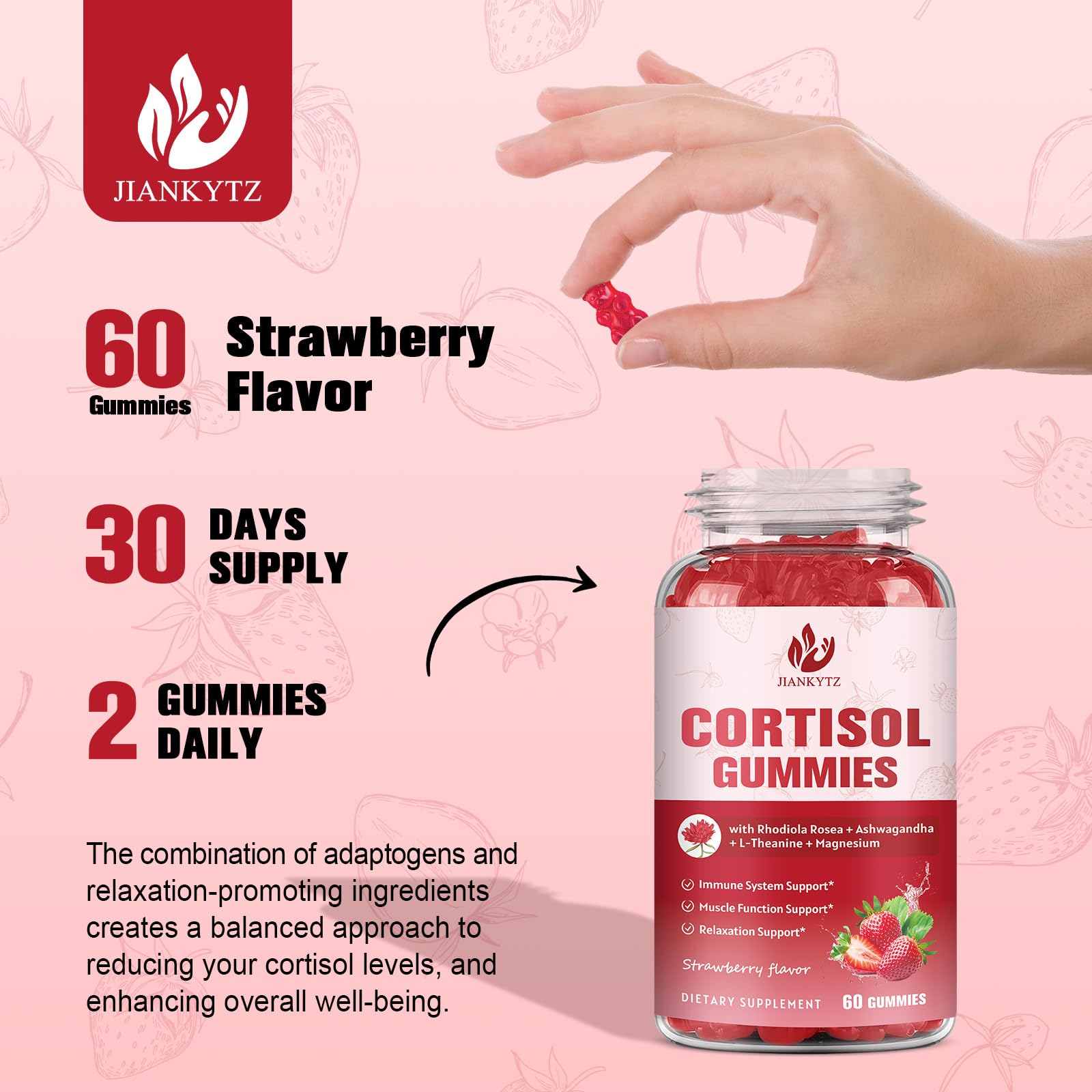 JIANKYTZ Cortisol Gummies displayed with fresh strawberries