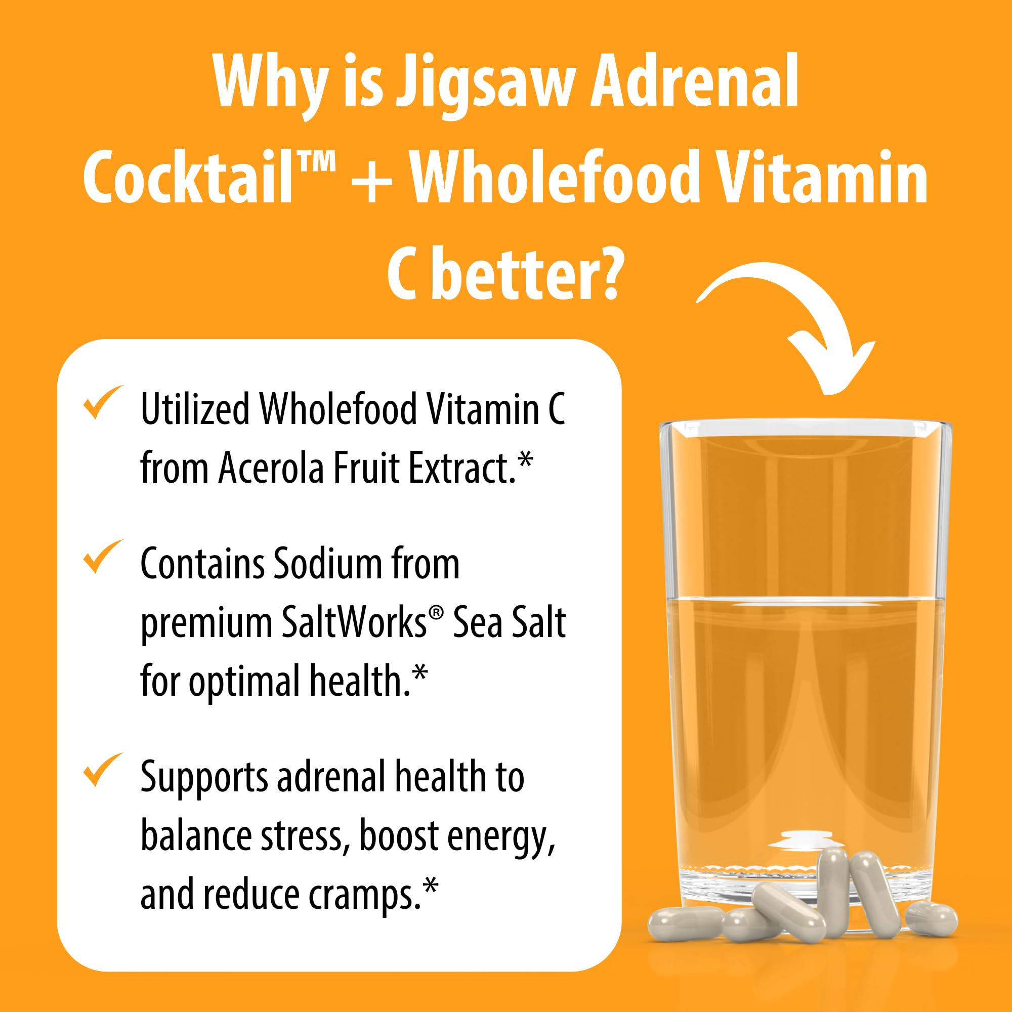 Jigsaw Health Adrenal Cocktail 390g with a glass of water