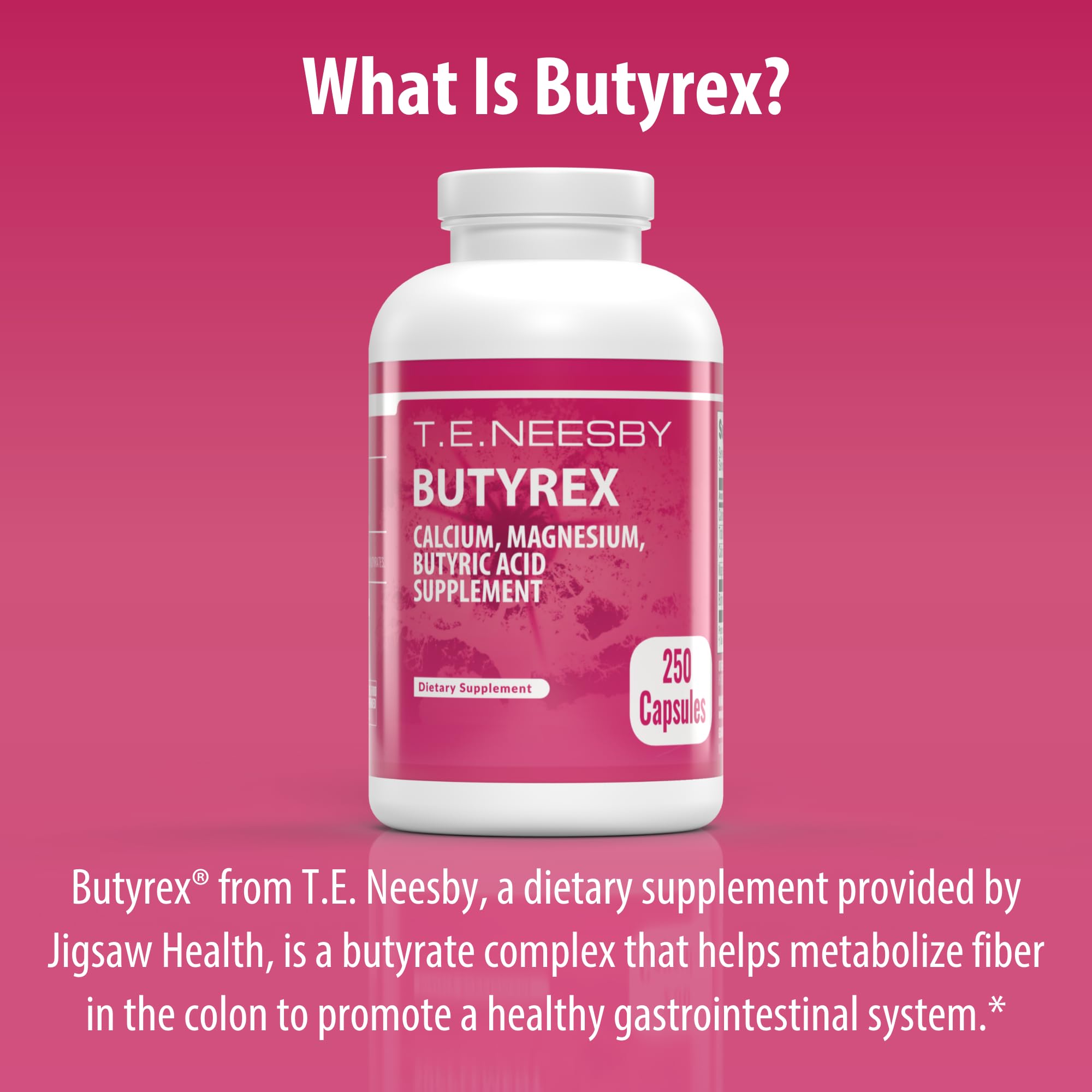 Jigsaw Health Butyrex Butyrate Complex 600mg capsule with dosage information