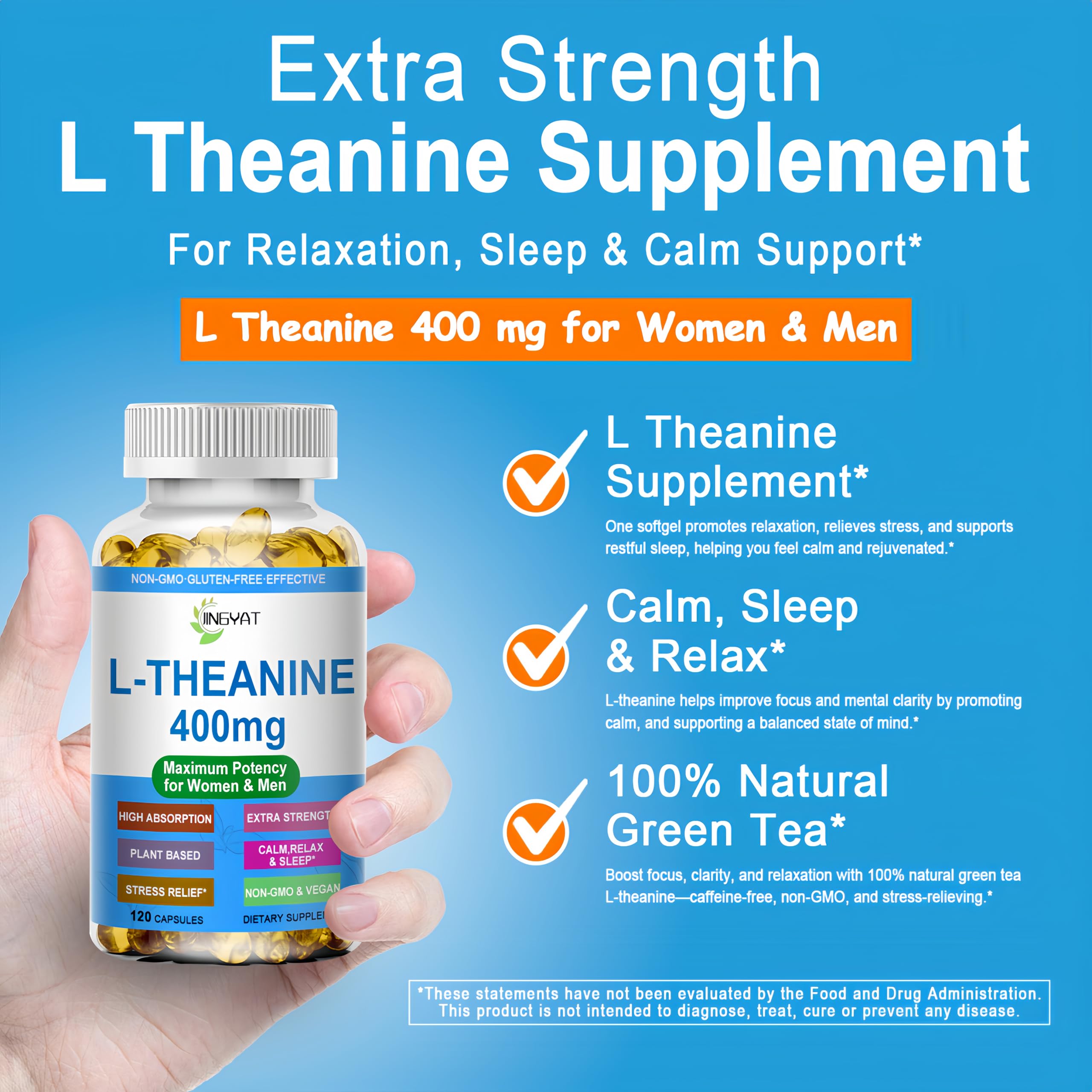 JINGYAT L-Theanine Softgels side view with dosage information